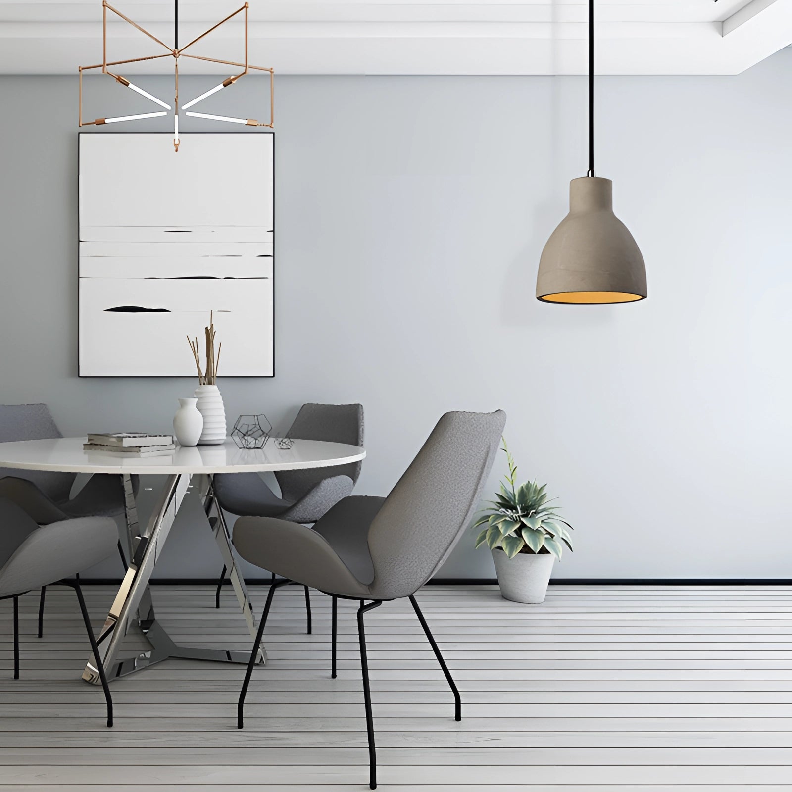 Concrete pendant light in an industrial minimalist style, featuring a grey finish, hanging above a wooden table with plants and shelves in a modern interior setting.