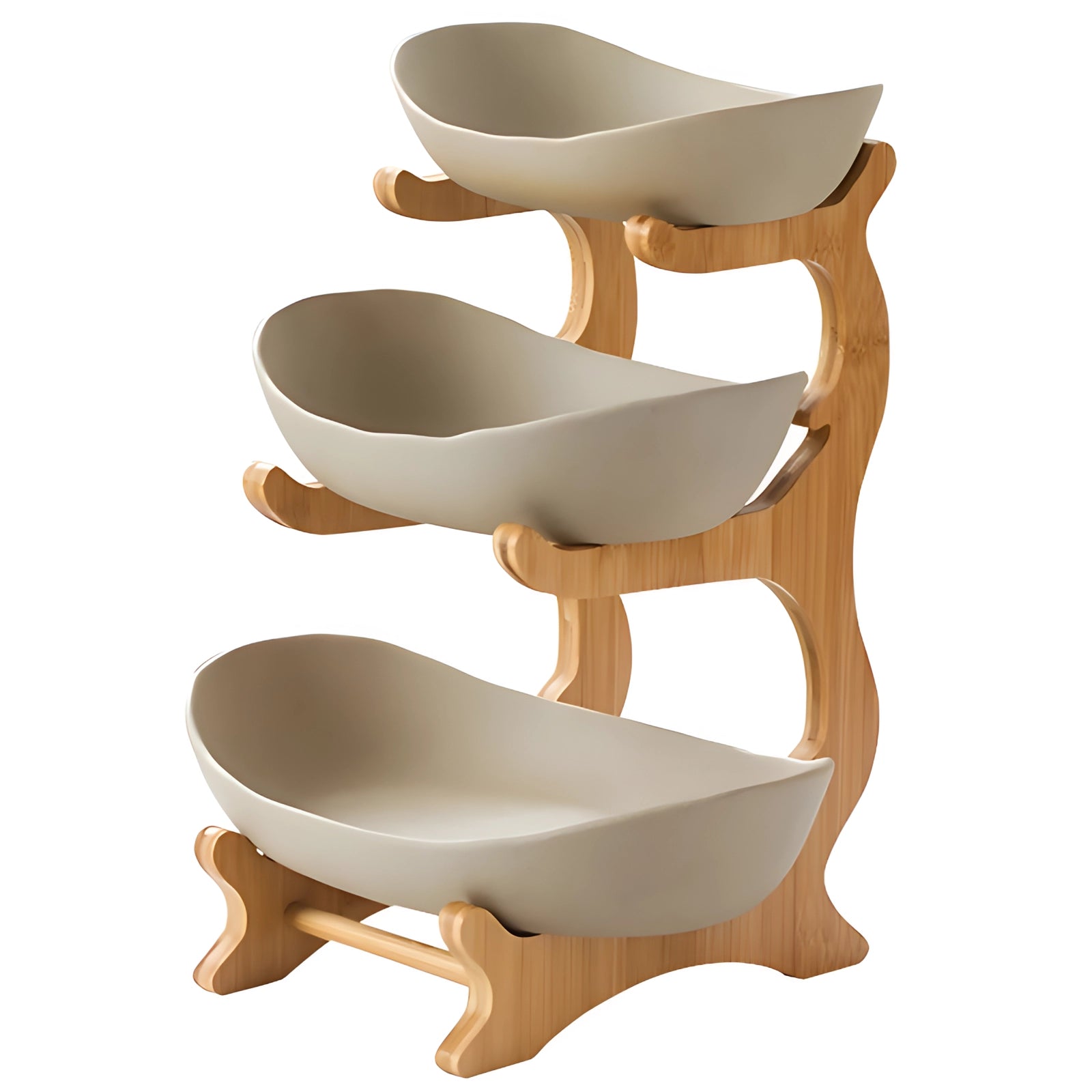 Double-decker ceramic snack bowl set with a bamboo stand featuring three levels, in a beige color, designed for modern organization and display.