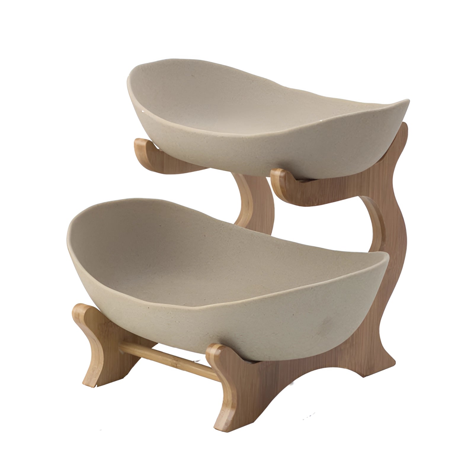 Double-decker ceramic snack bowl with a bamboo stand featuring a modern design, displayed in a beige color with two levels, suitable for organizing snacks in a stylish way.