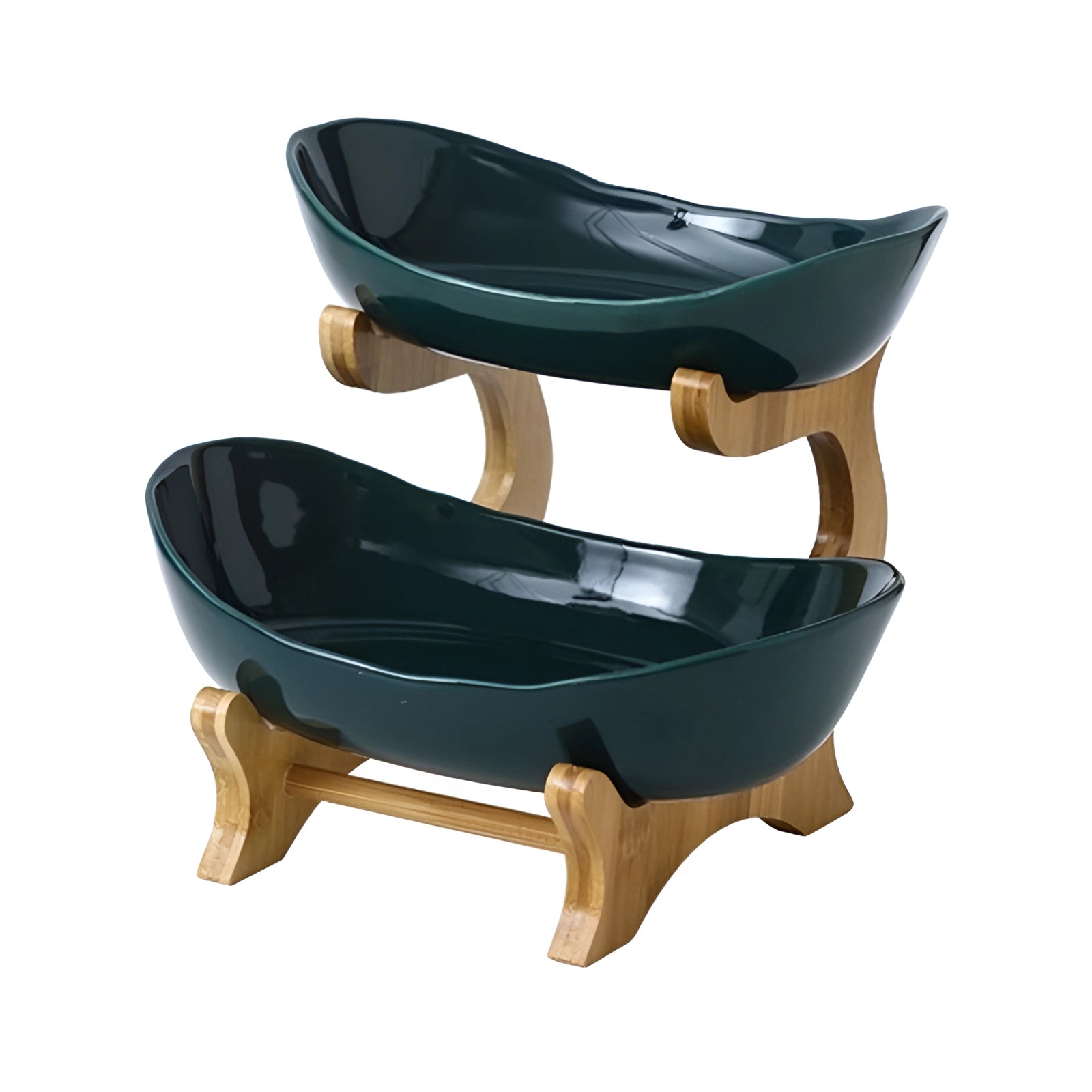 Double-decker ceramic snack bowl with bamboo stand, featuring a sleek modern design in green with two levels, suitable for organizing snacks and enhancing kitchen decor.