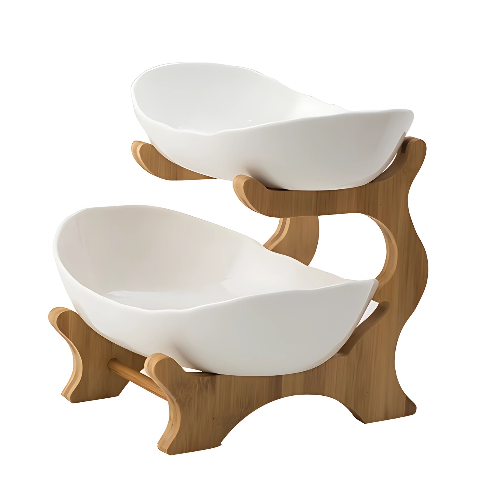 Double-decker white ceramic snack bowl set with bamboo stand, featuring two levels for organizing and serving snacks, blending modern aesthetics with functional tableware design.