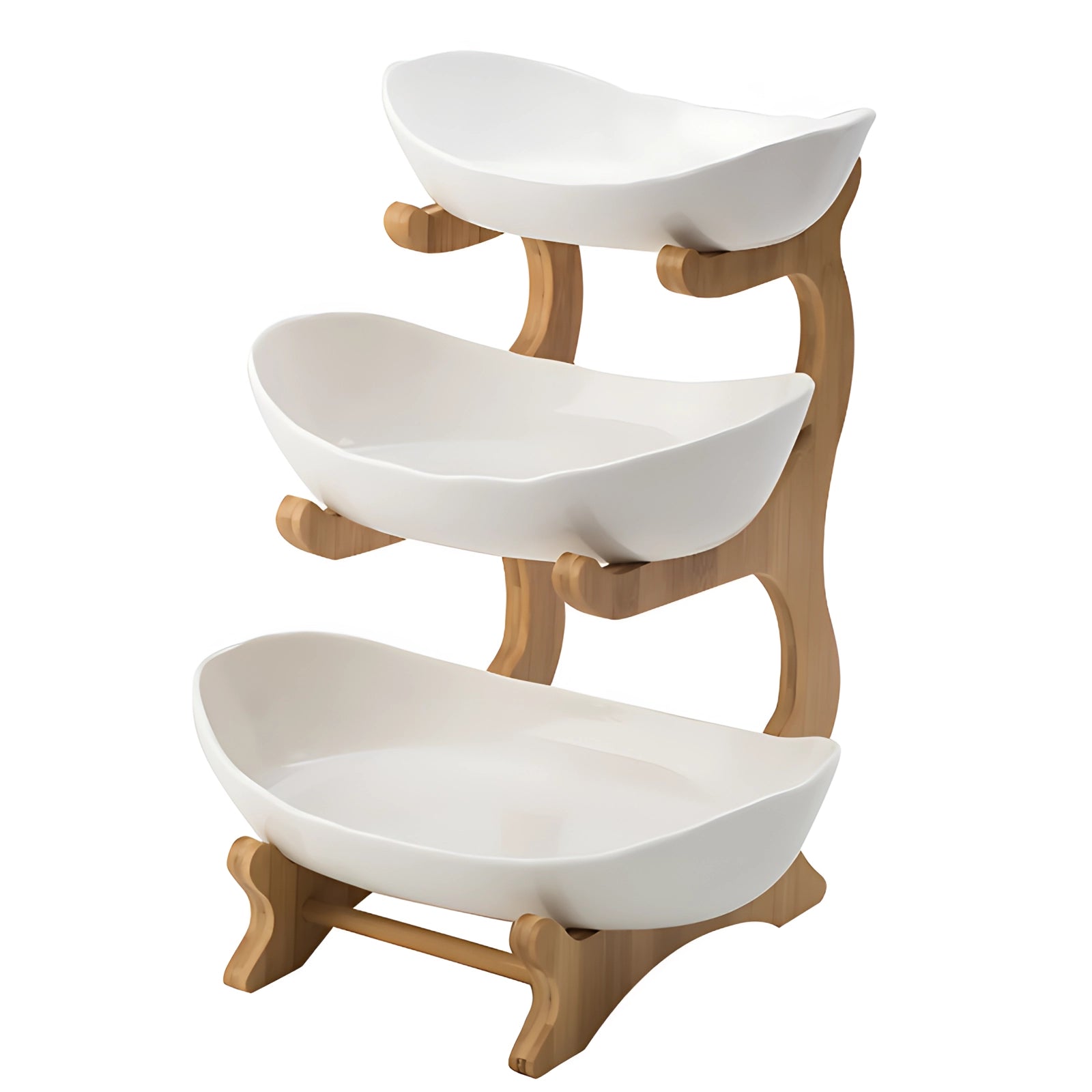 Double-decker ceramic snack bowl set in white, featuring three stacked levels, elegantly supported by a bamboo stand.