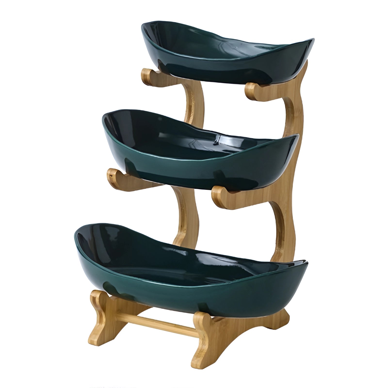 Double-decker ceramic snack bowl with a bamboo stand featuring three levels in green color, designed as a modern organizer for serving snacks and small dishes.