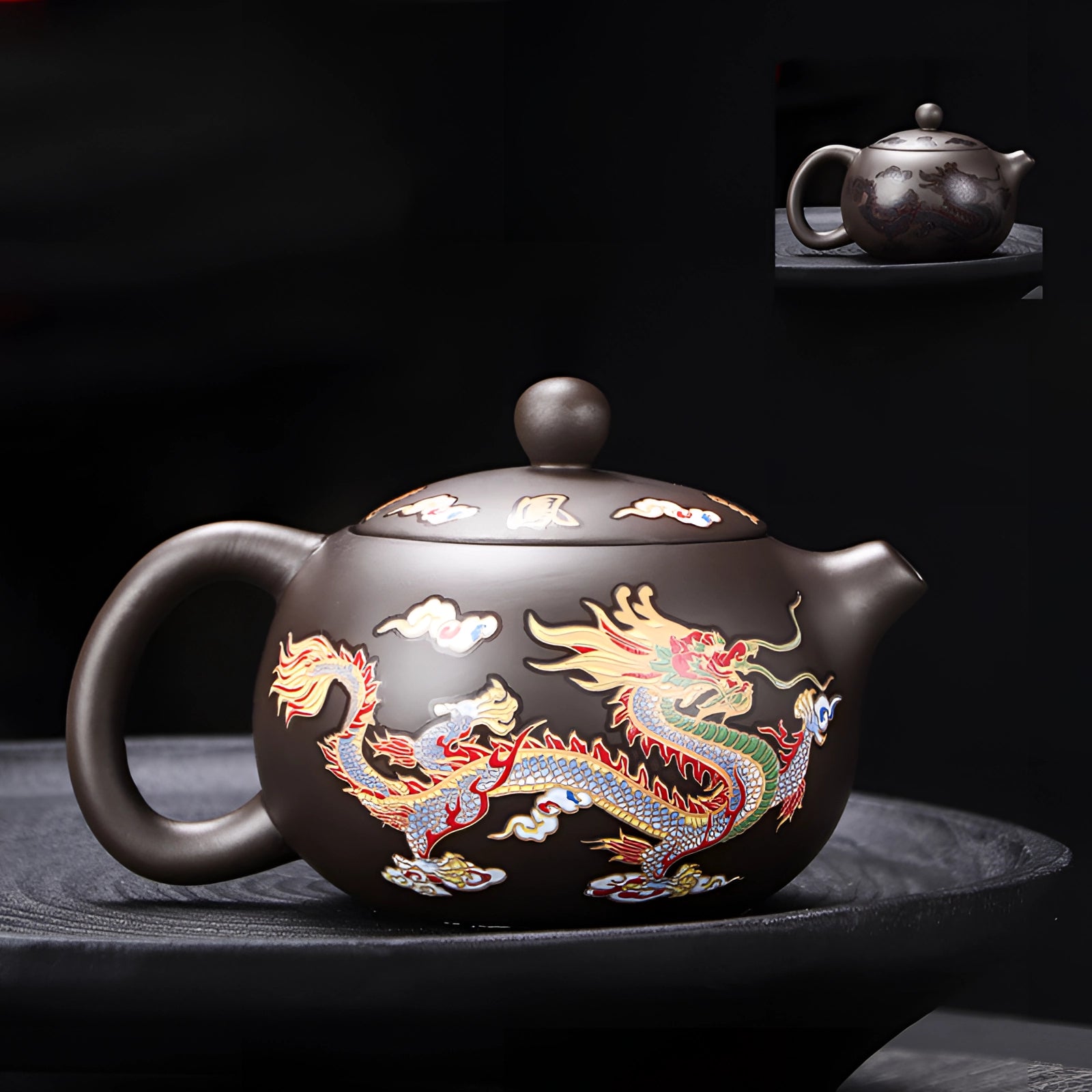 Hand-painted Chinese ceramic teapot with a dragon design, featuring a white and black color scheme, made of heat-resistant porcelain suitable for serving hot beverages.