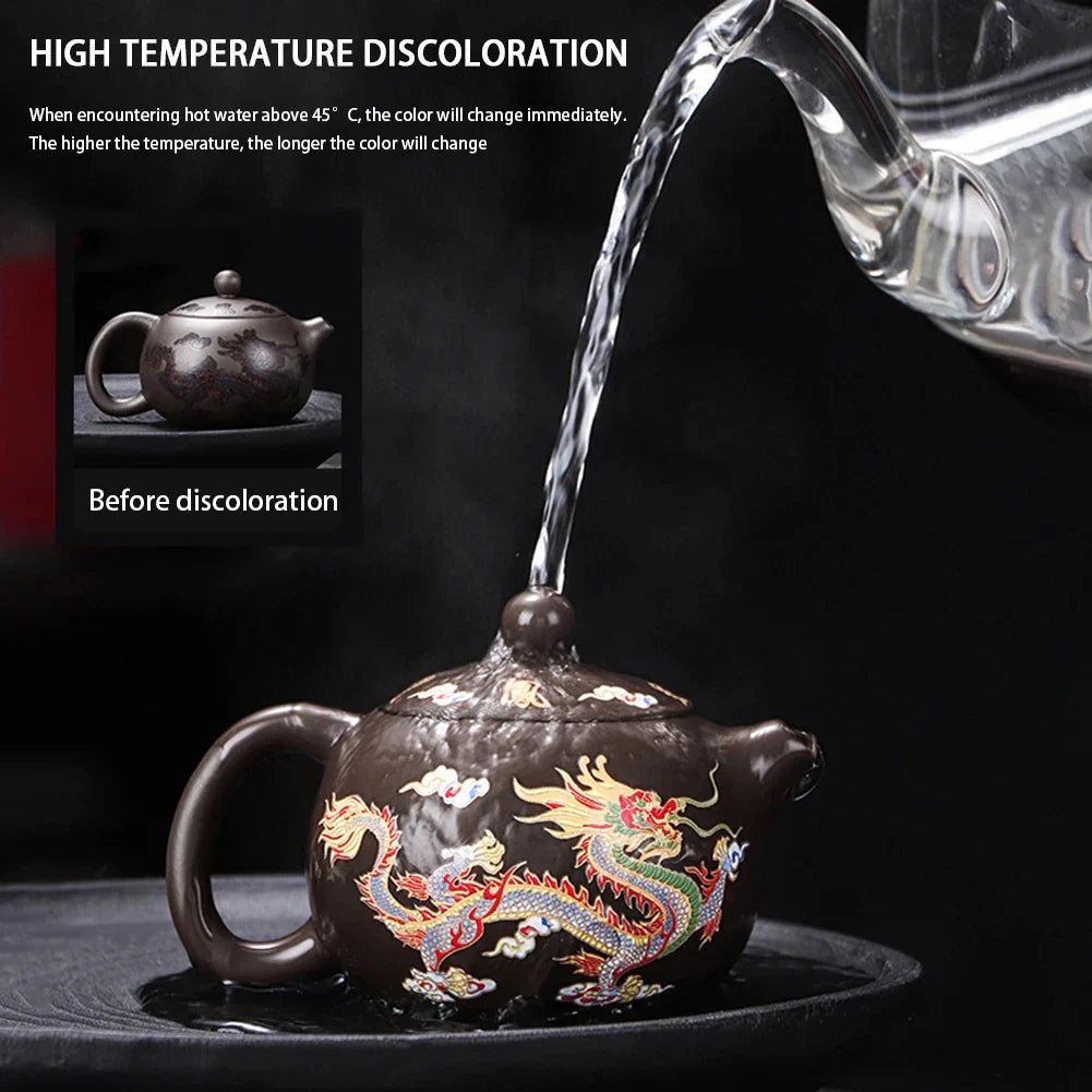 Hand-painted ceramic teapot with a dragon design, featuring a heat-resistant build, suitable for serving tea, showcasing intricate artwork and traditional Chinese style.