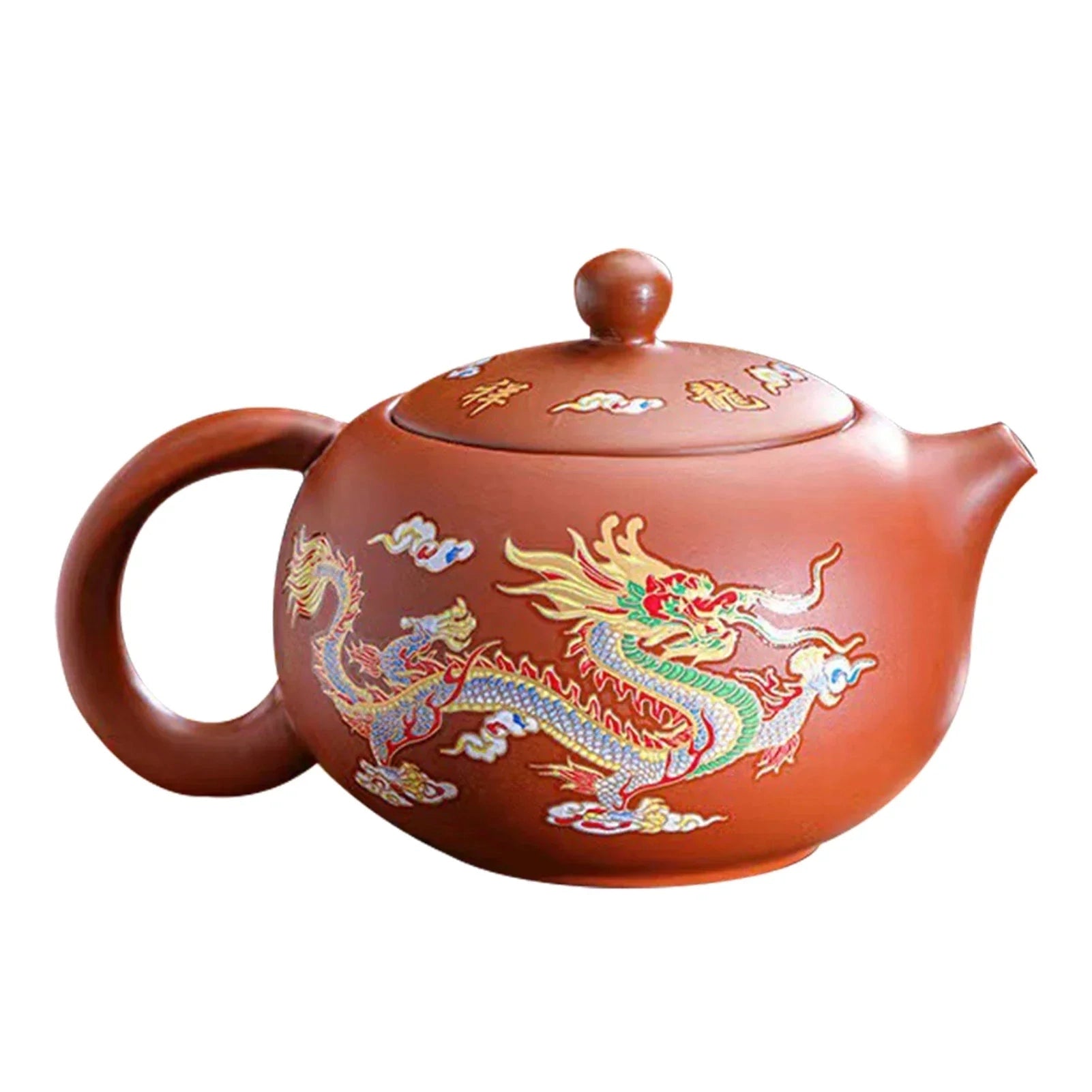 Hand-painted Chinese ceramic teapot with a dragon design in red, featuring heat-resistant properties, ideal for serving tea.