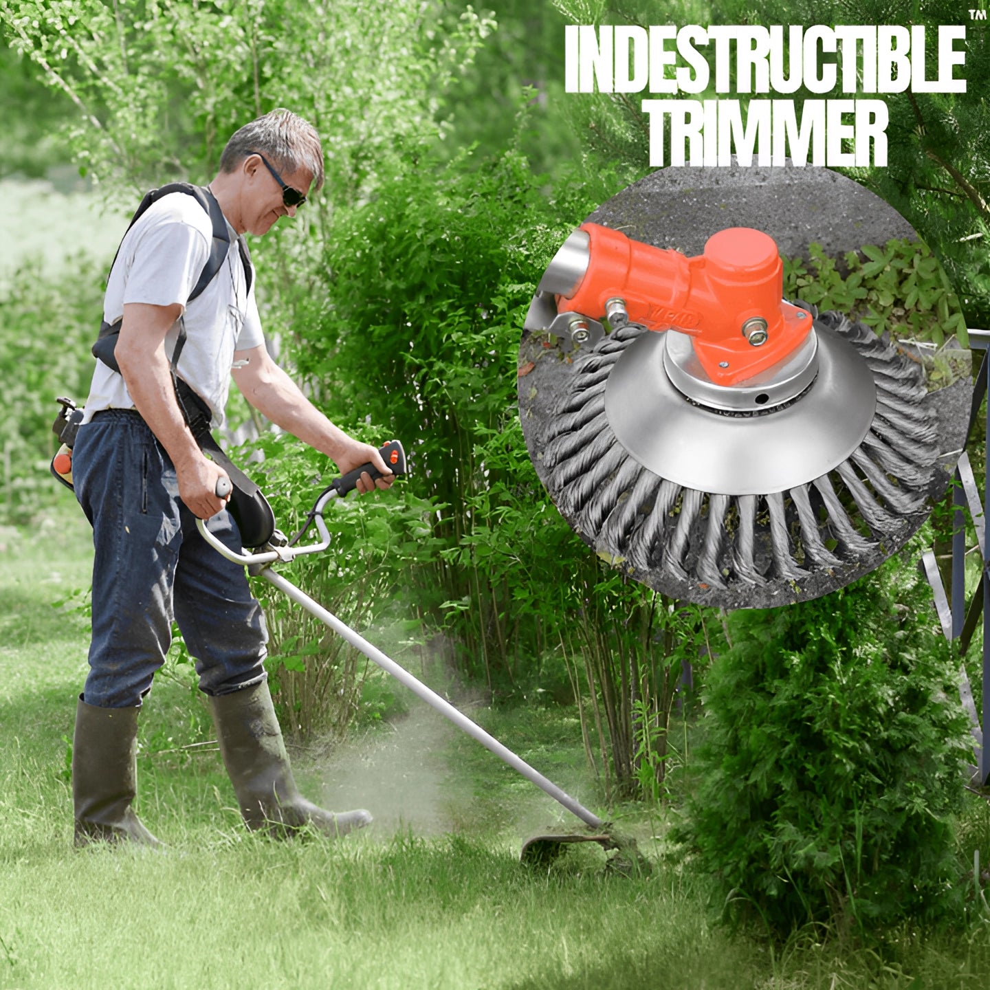 Efficient Flexible Weeding Brush used on a stone-safe hard surface amidst grass and groundcover in a landscaped area.