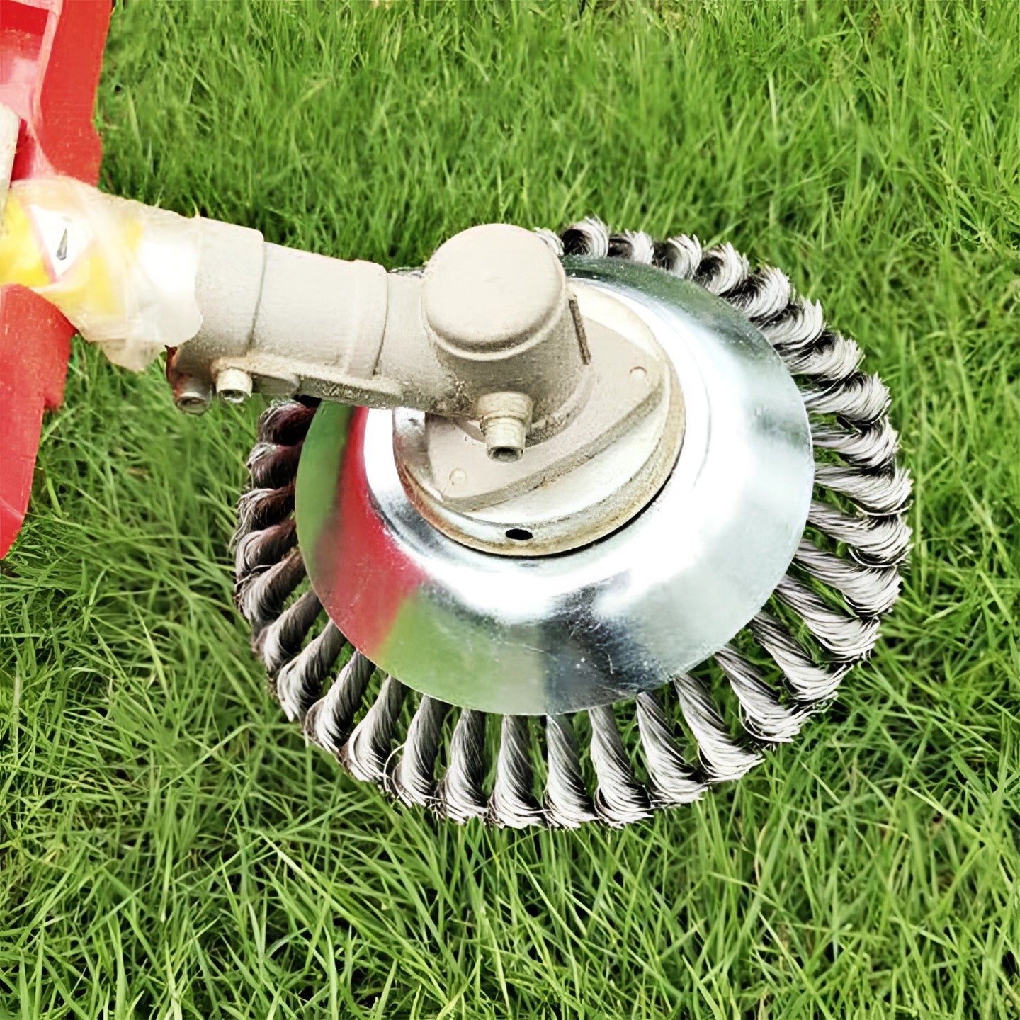 Efficient flexible weeding brush attached to a sturdy block, designed for safe use on stone surfaces, shown amidst grass in a lawn setting.