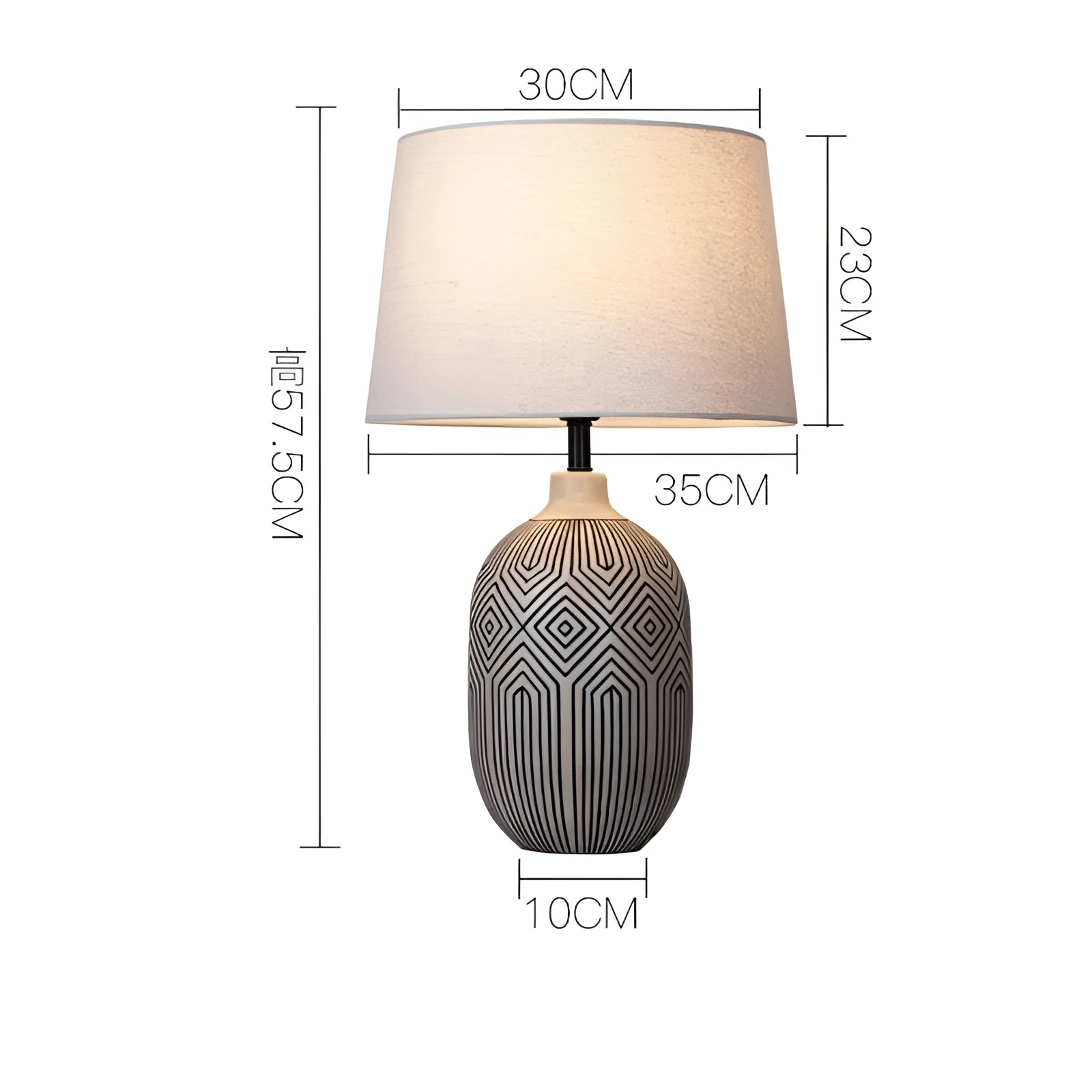 Elegant geometric ceramic lamp with modern design, featuring a rectangular wooden base and metal accents, perfect for home decoration.