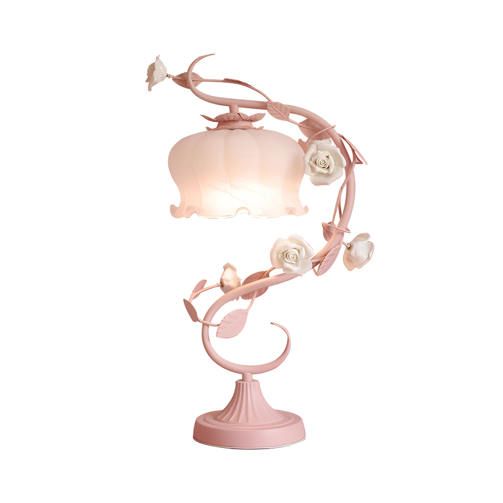 Elegant pink rose table lamp with shabby chic floral vine design, featuring a decorative lampshade and ornate metal base.