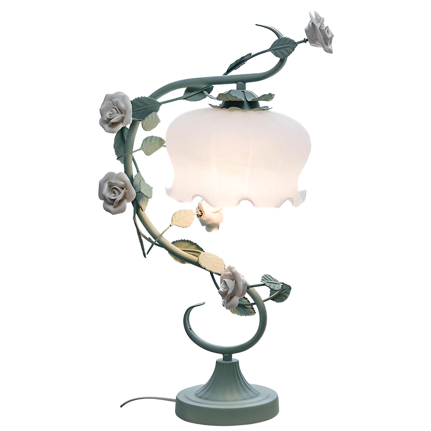 Elegant pink rose table lamp with shabby chic floral vine design, featuring a metal base and intricate twig details, ideal for interior design and home decor.