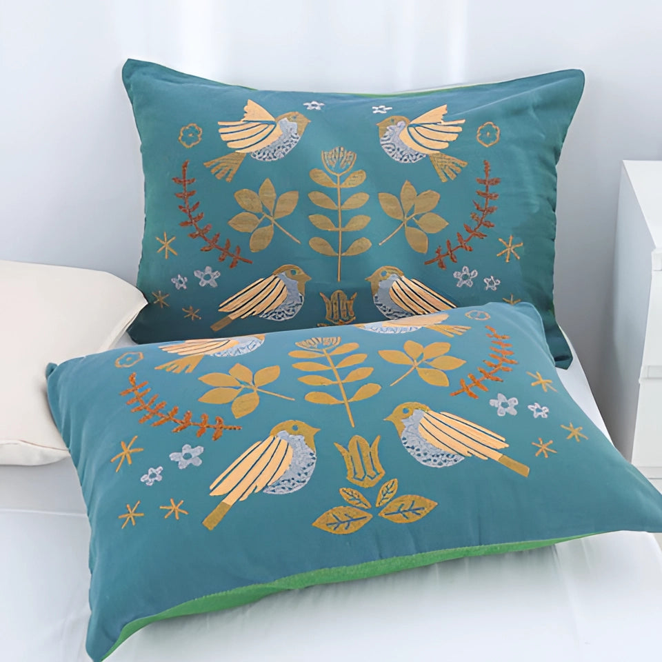 Embroidered Bird Pillows - Teal Folk Art Floral Cushion Covers