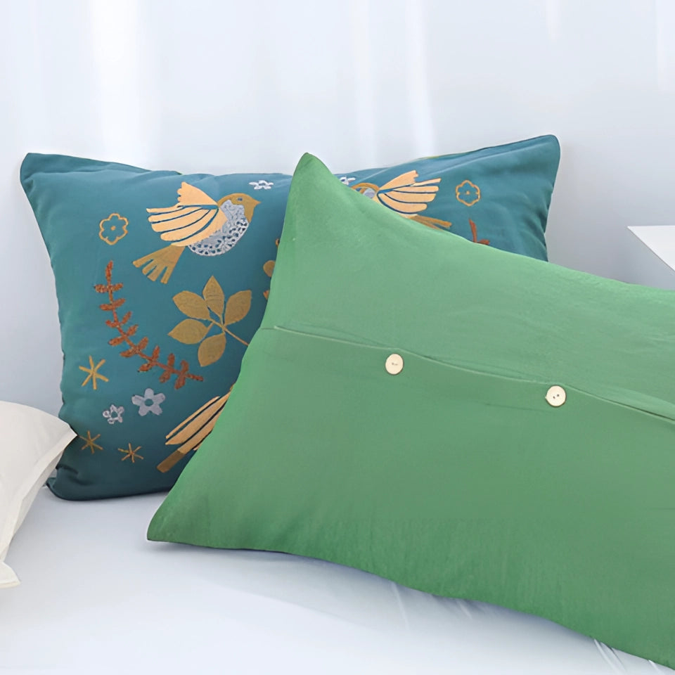 Embroidered Bird Pillows - Teal Folk Art Floral Cushion Covers