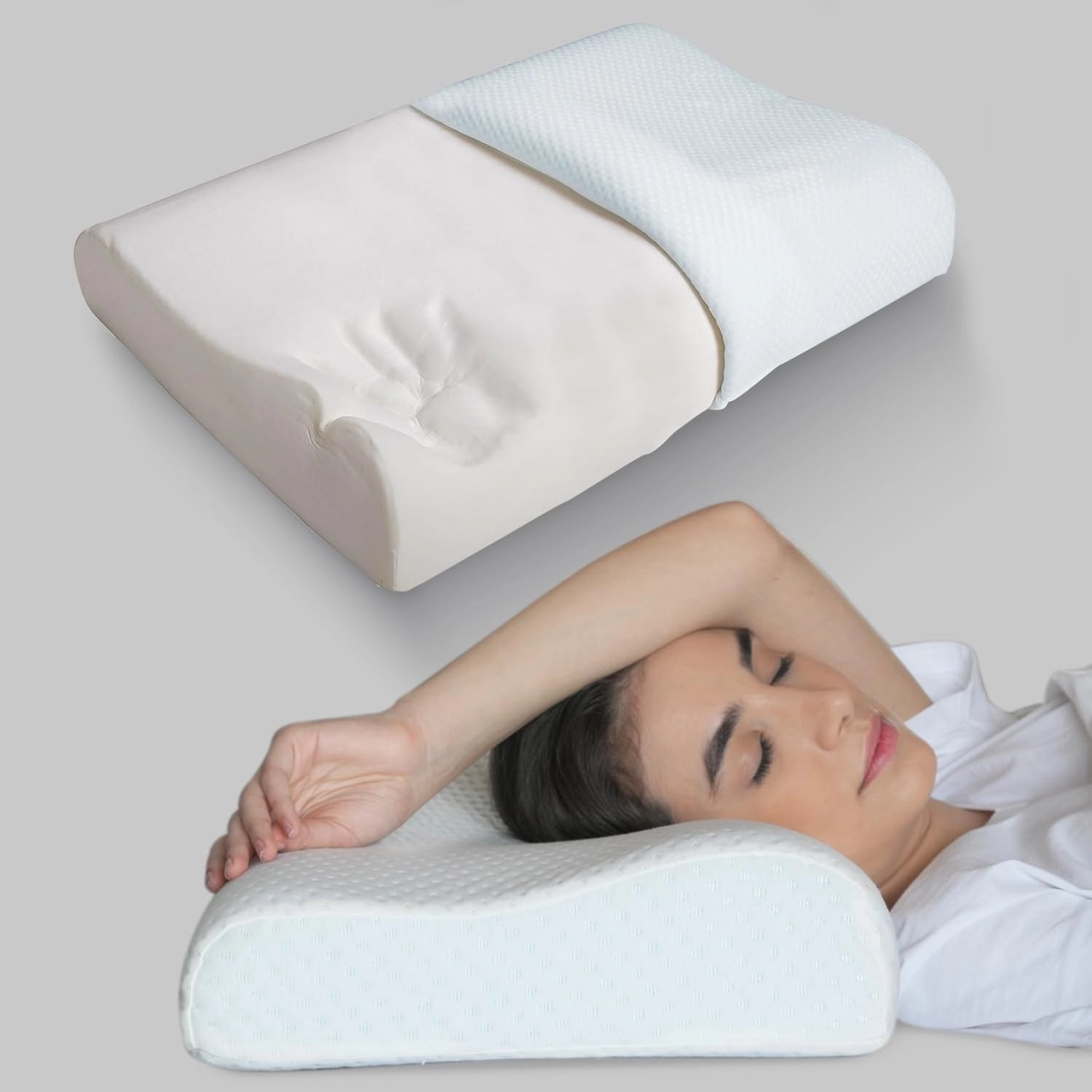 A person resting their head on a white ergonomic memory foam contour pillow designed for cervical and neck support, with a focus on comfort. The pillow's rectangular shape is visible, showing its supportive structure.