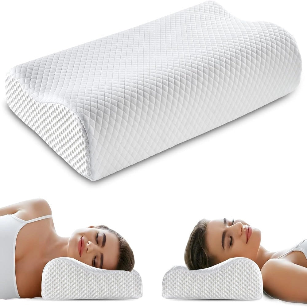 Ergonomic memory foam contour pillow designed for cervical and neck support, resting on a bed with white linens.