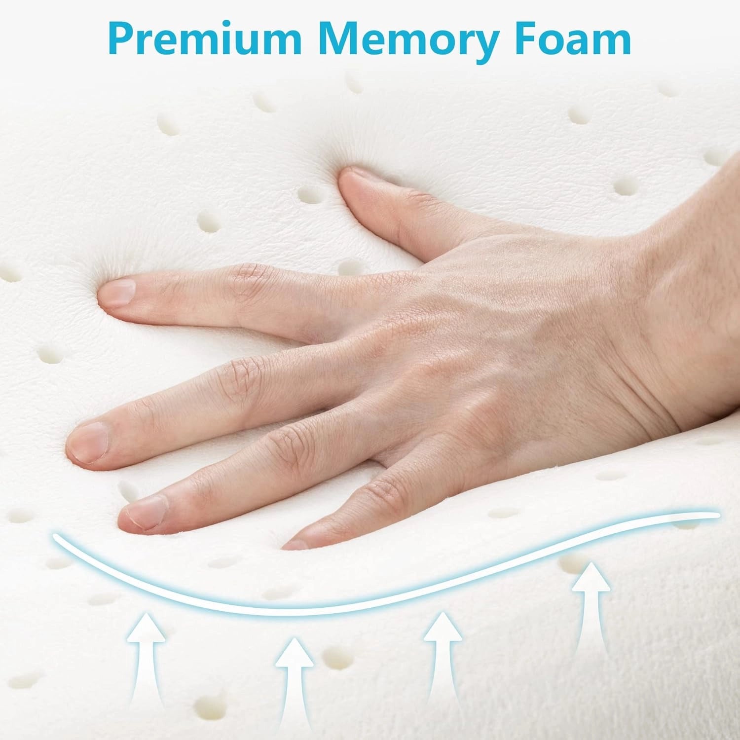 Ergonomic memory foam contour pillow with a person's hand gently pressing on the surface to demonstrate its softness and contouring ability, highlighting cervical and neck support features.