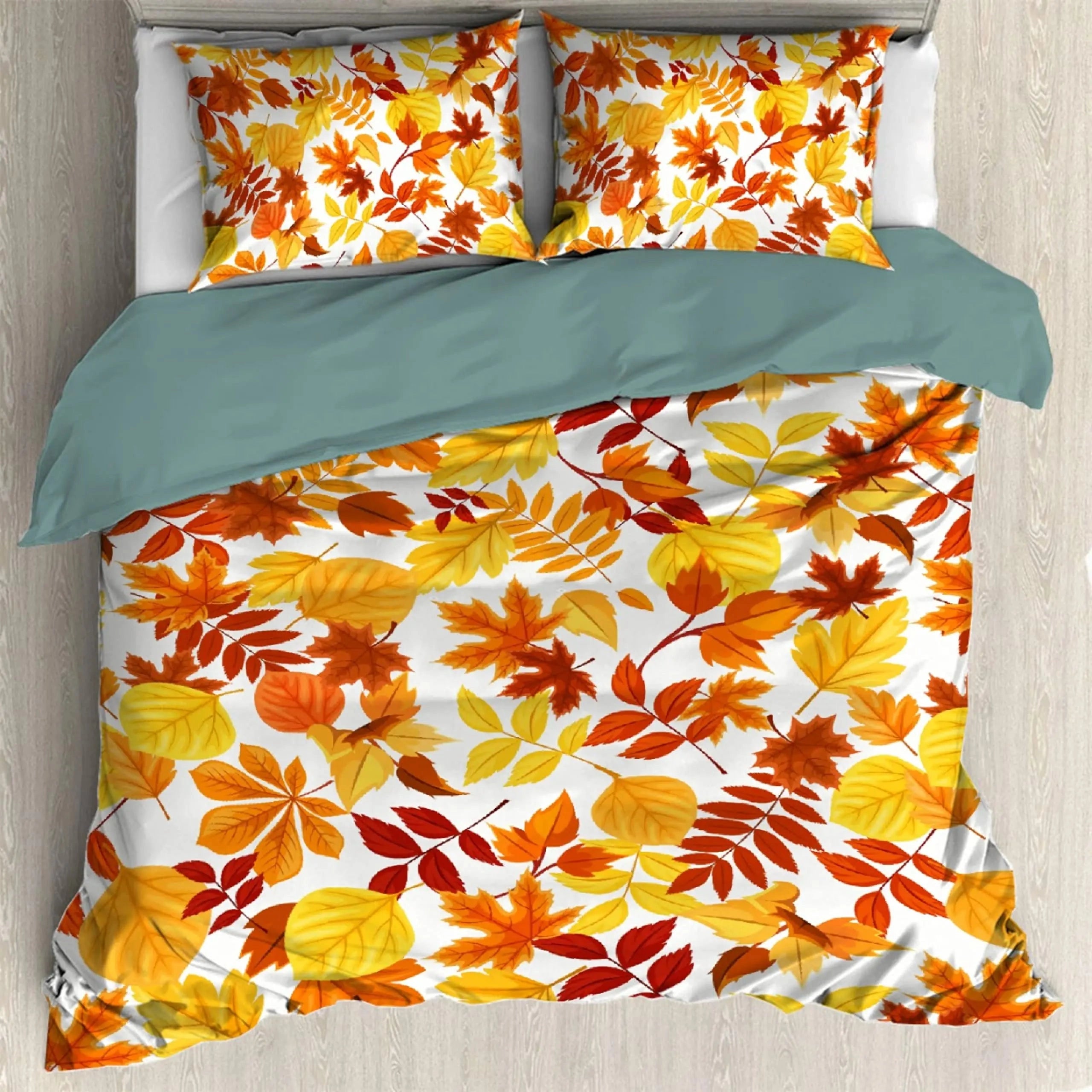 Orange and white autumn leaf-patterned duvet cover featuring pumpkin and orange leaves, designed for a 260x220cm bed.