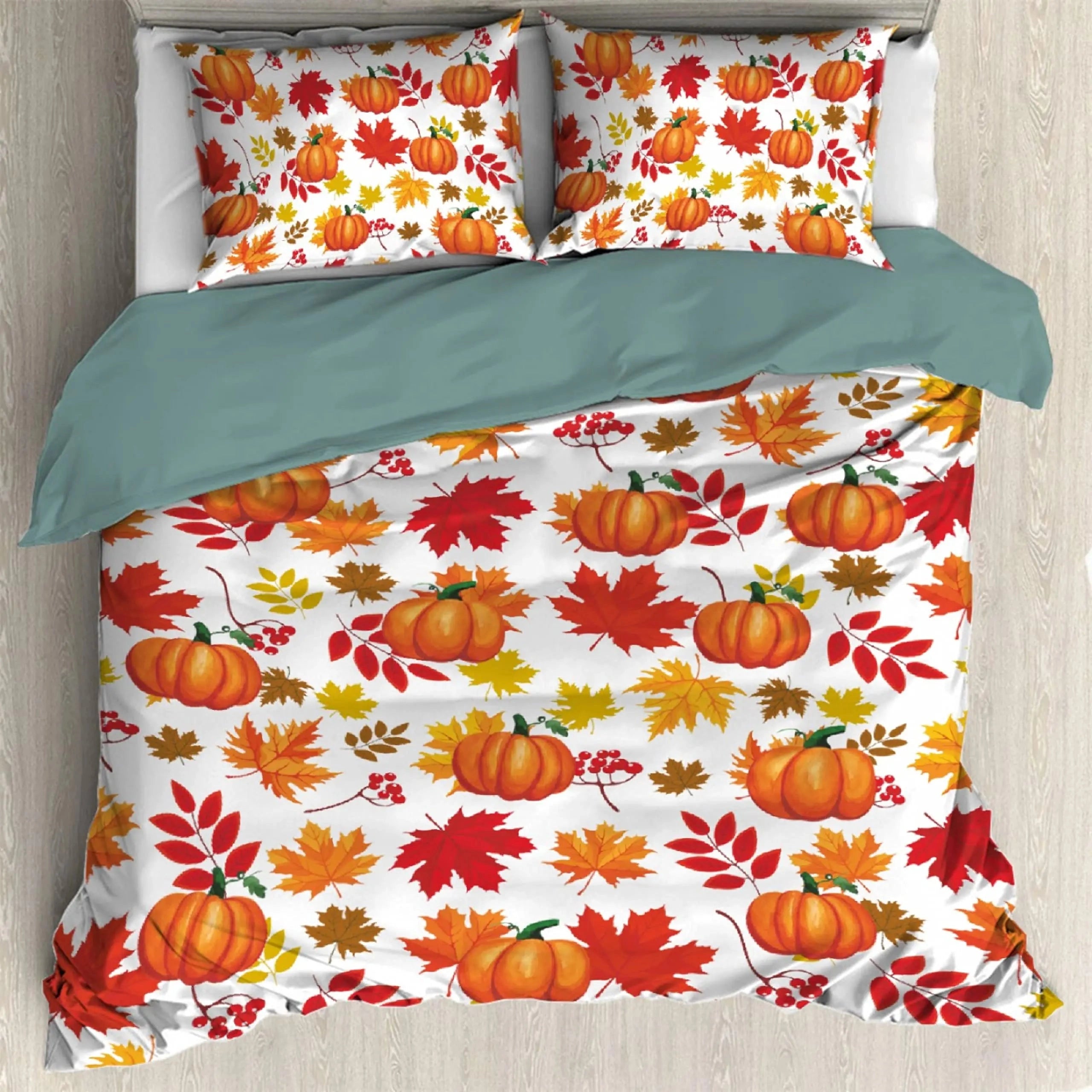 Autumn-themed duvet cover set featuring a white background adorned with orange and yellow leaves and pumpkin designs, in a 260x220cm size.