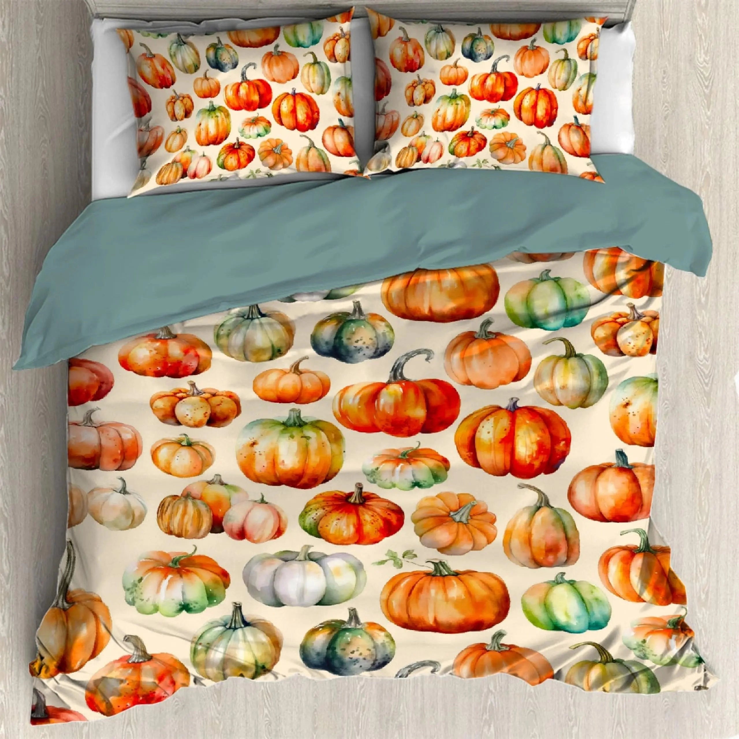 Autumn-themed duvet cover featuring orange and pumpkin-colored leaves, suitable for a 260x220cm bed, displayed in a cozy setting.