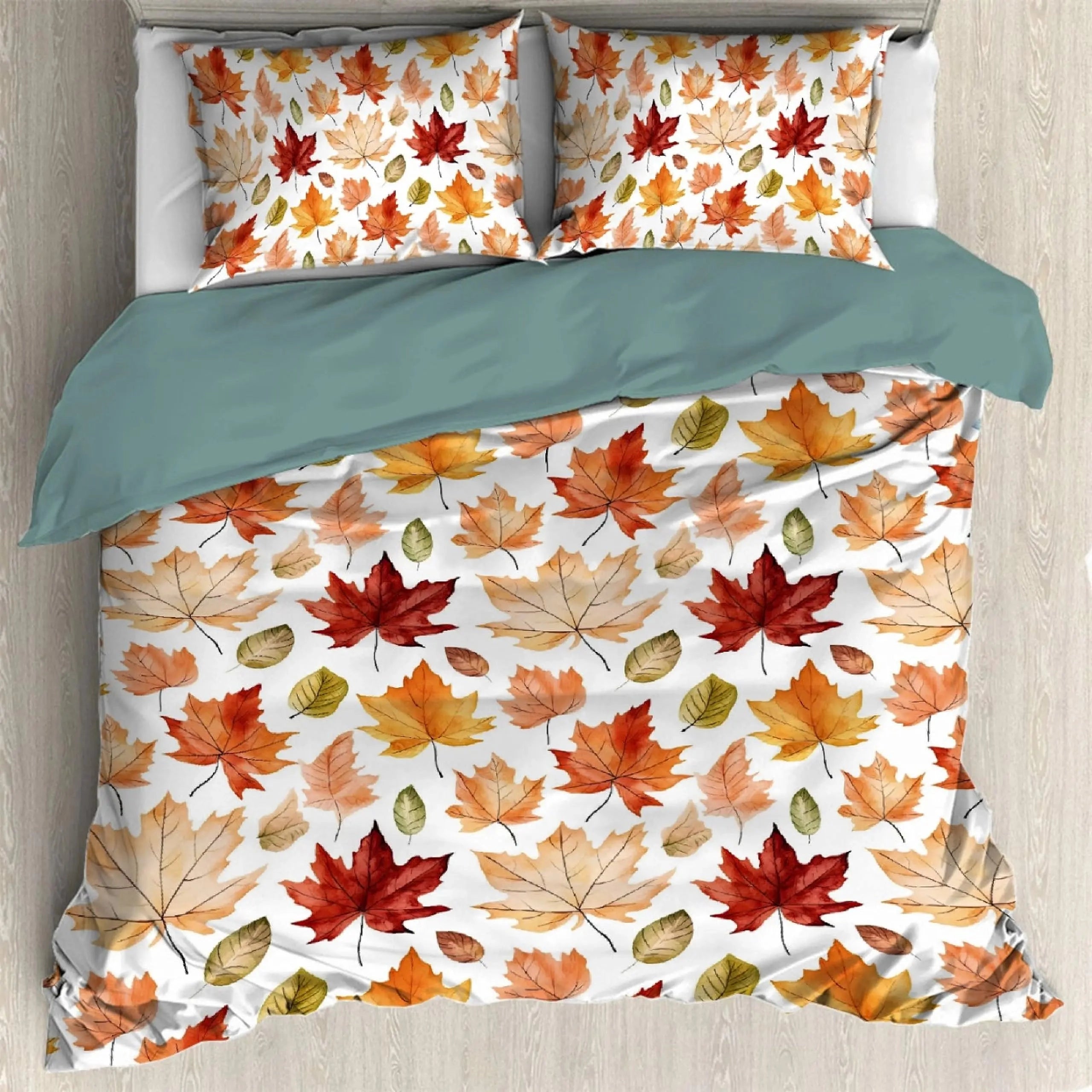 Autumn leaf duvet cover featuring orange leaves and pumpkin design on a white background, size 260x220cm.