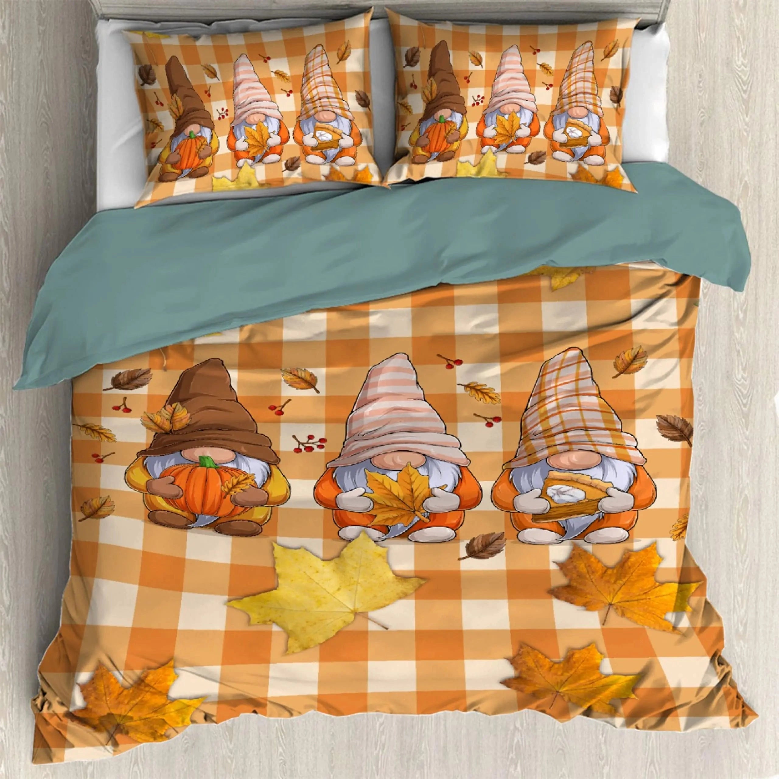 Autumn-themed duvet cover featuring a vibrant pattern of orange leaves and pumpkins, complemented by matching pillowcases, in a rectangle 260x220cm size.