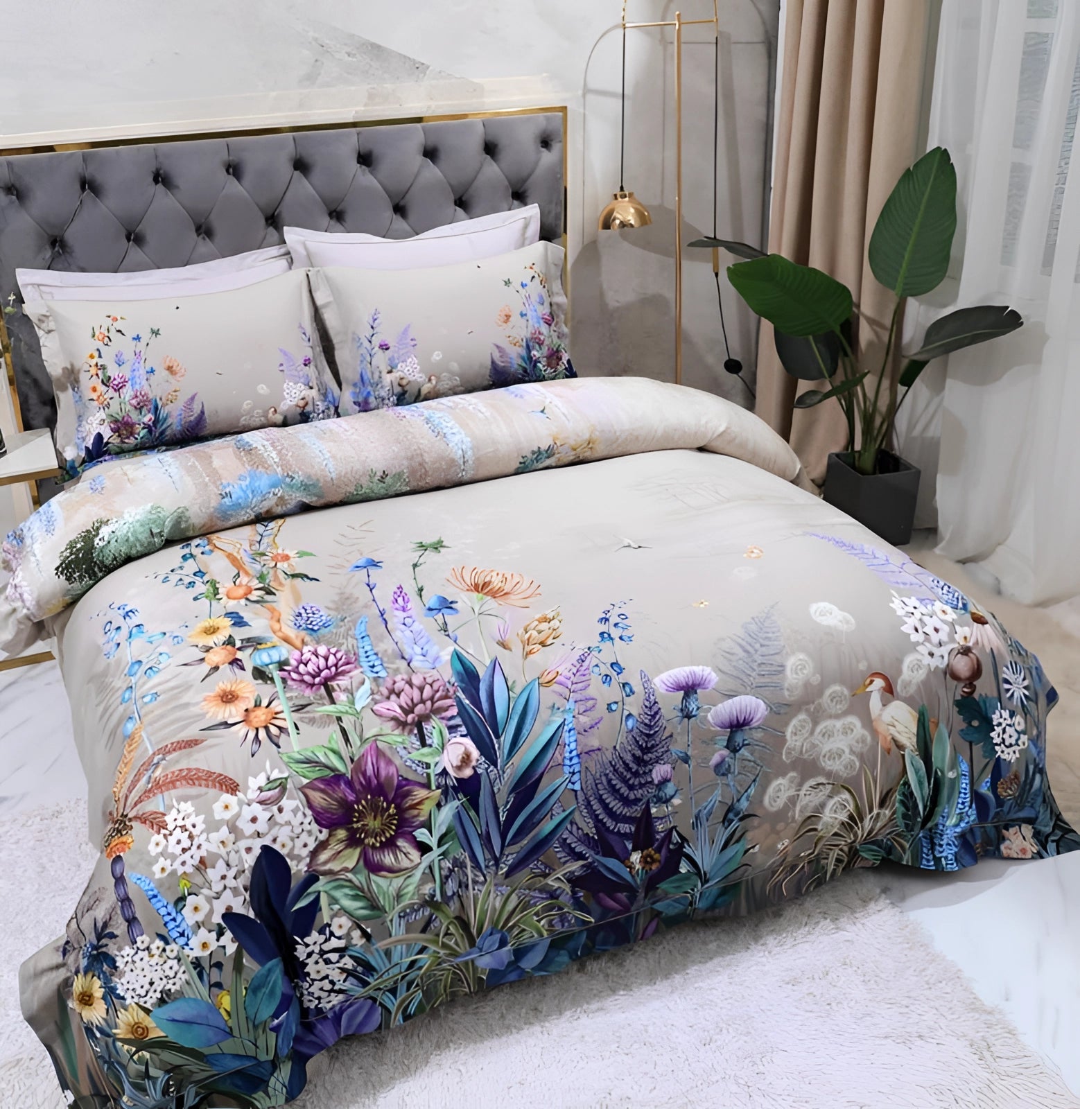 Elegant floral bedding set featuring a designer duvet and comforter in a 260x230cm size. The set is displayed in a beautifully styled bedroom with a focus on comfort and interior design, complemented by pillows and creative wall decor.