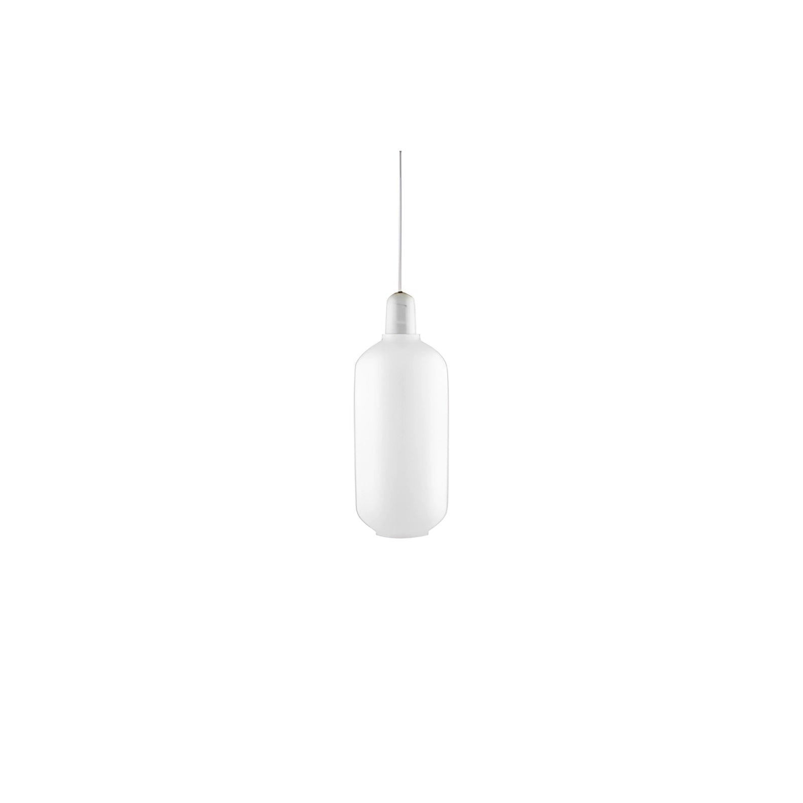 Frosted glass pendant light with a brass fixture, featuring a Scandinavian minimalist design in white. The large pendant hangs from the ceiling, showcasing a sleek and modern aesthetic.