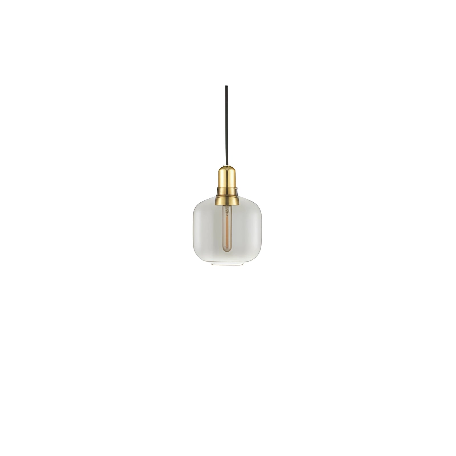 Frosted glass pendant light with a smoke-colored glass shade and brass accents, featuring a minimalist Scandinavian design. The small fixture is mounted to the ceiling, showcasing a sleek and modern aesthetic.