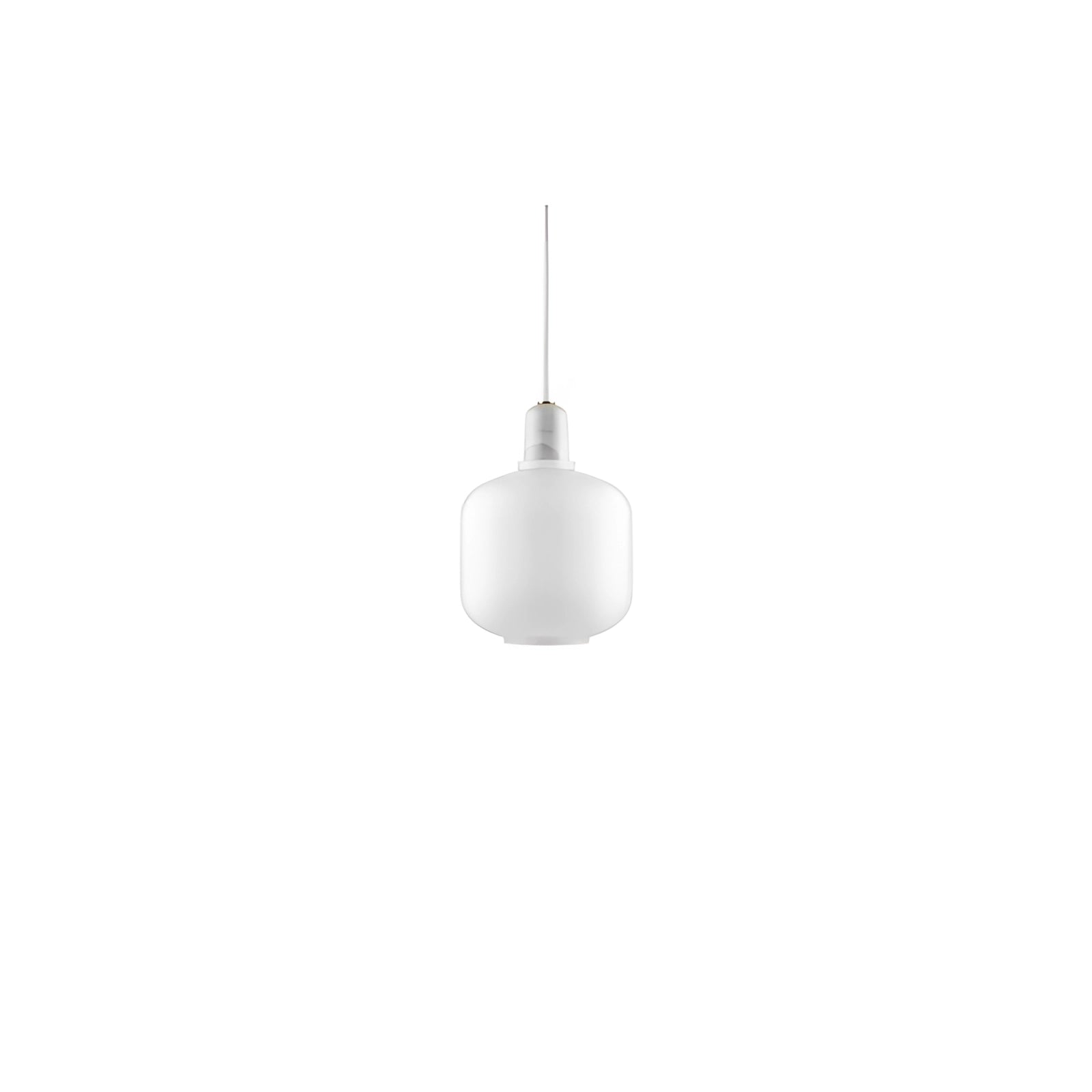 Frosted glass pendant light with brass accents, featuring a small, minimalist Scandinavian design in white, hanging from the ceiling.