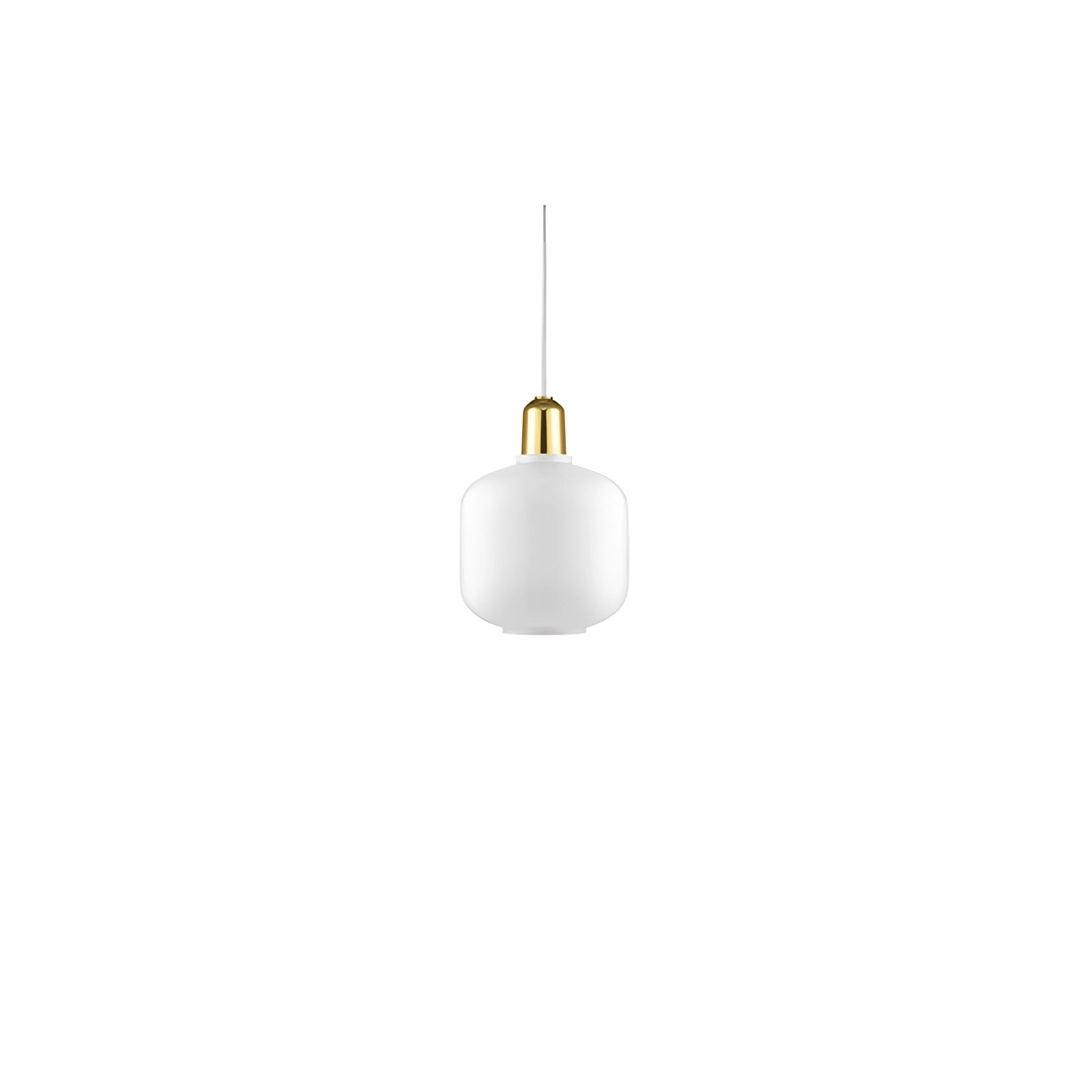 Frosted glass pendant light with a small, round design featuring a white and brass color scheme; Scandinavian minimalist style hanging from a ceiling.