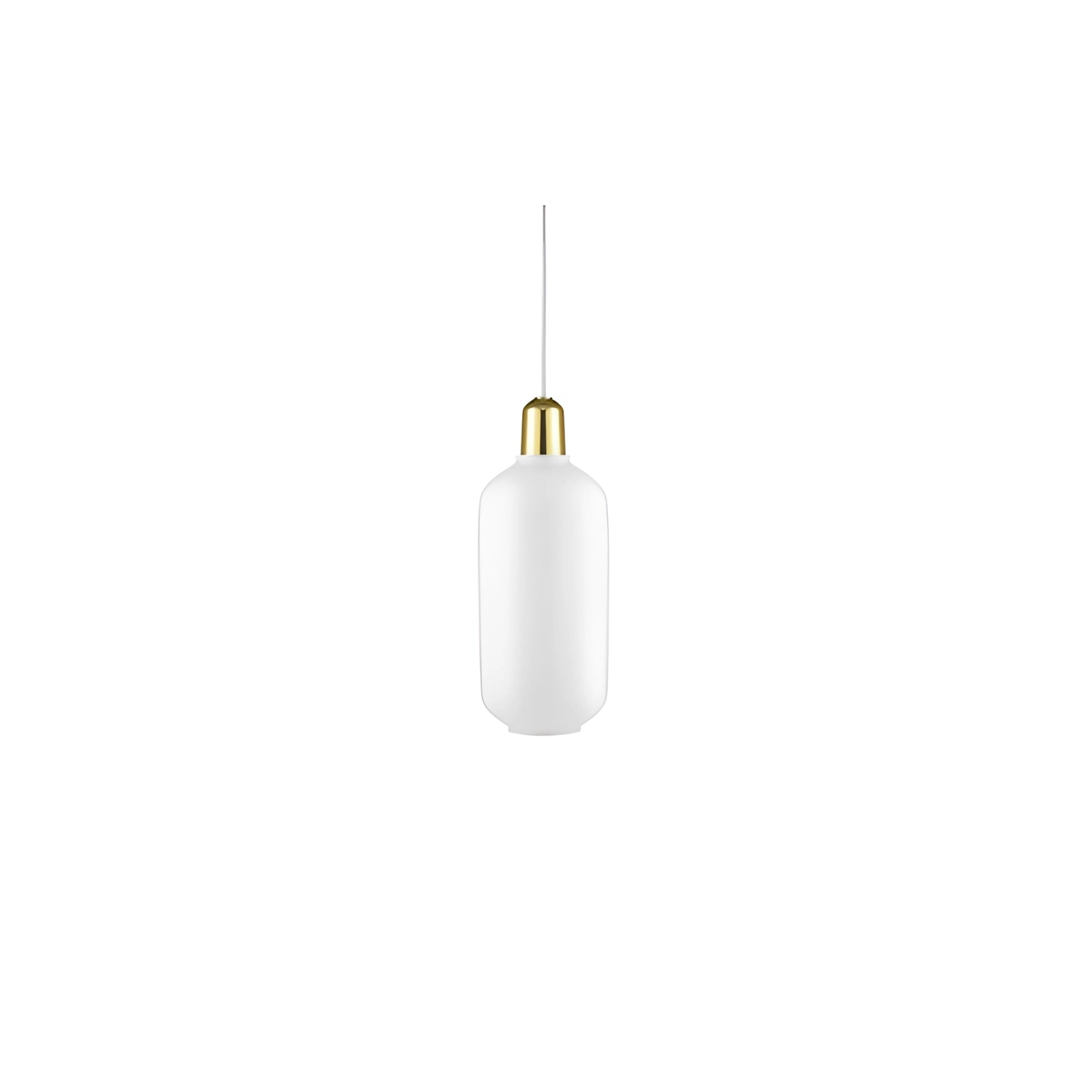 
A large frosted glass pendant light with a white and brass finish, showcasing a Scandinavian minimalist design, hanging from the ceiling.