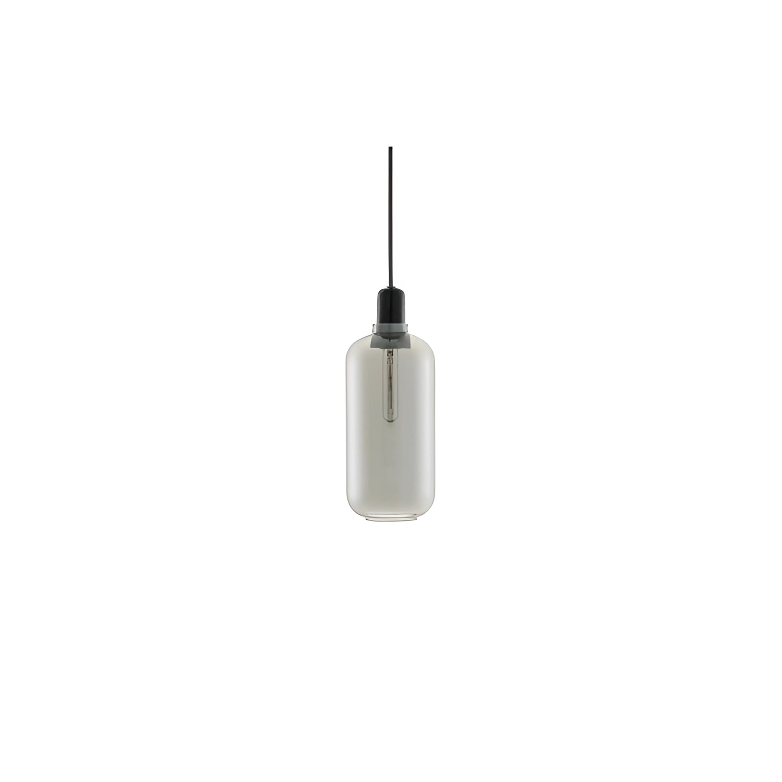 Frosted glass pendant light with a large cylindrical shade in a smoke/black finish, featuring a brass accent and Scandinavian minimalist design, suspended from the ceiling.