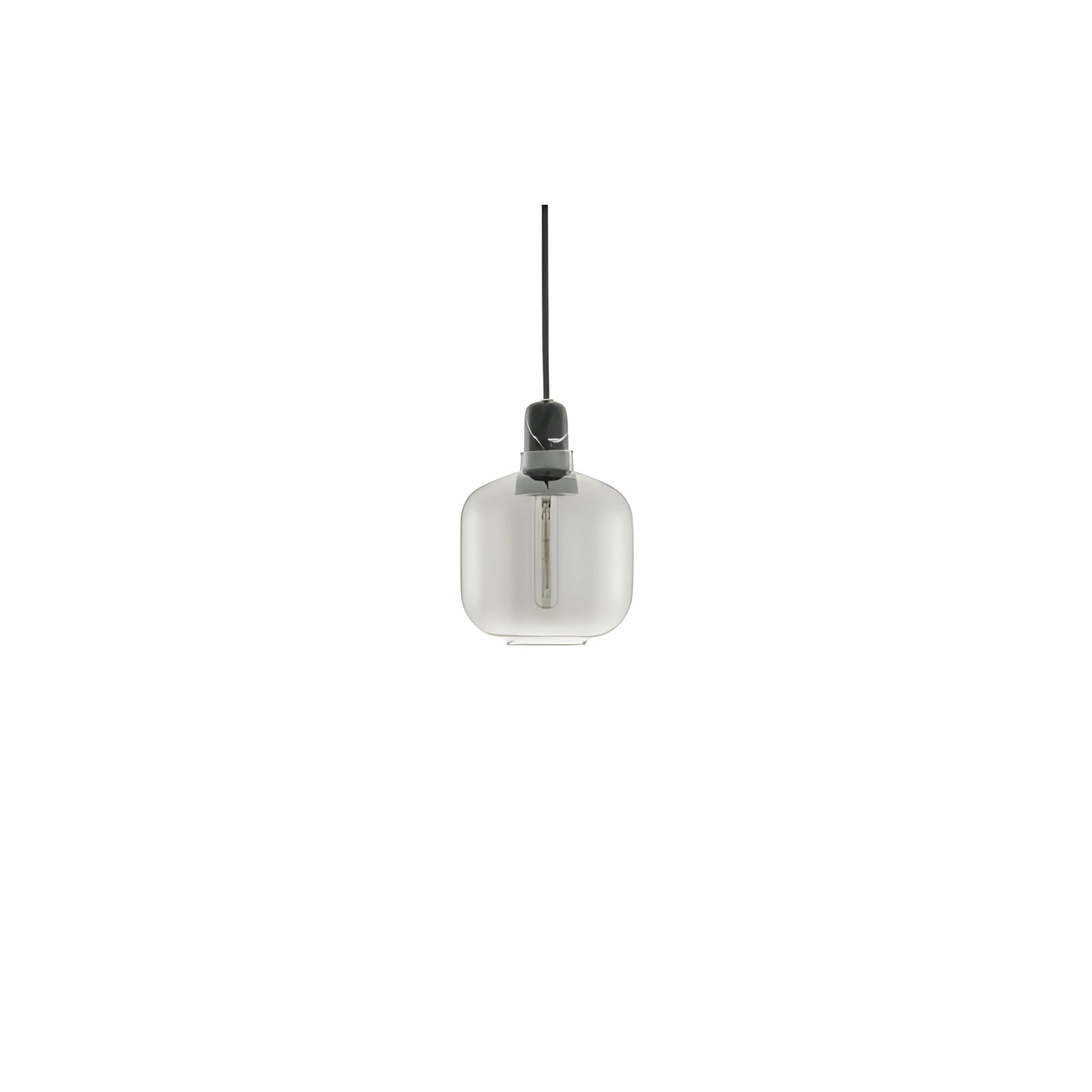 Frosted glass pendant light with brass accents in a Scandinavian minimalist design, featuring a small smoke-colored shade and black detailing, hanging as a ceiling fixture in an interior setting.