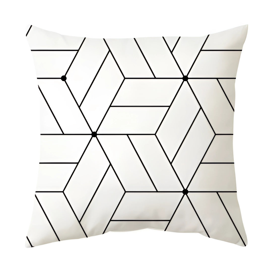 Modern geometric black and white pillow with abstract patterns featuring symmetrical designs of rectangles, triangles, and parallel lines, measuring 60 x 60 cm.