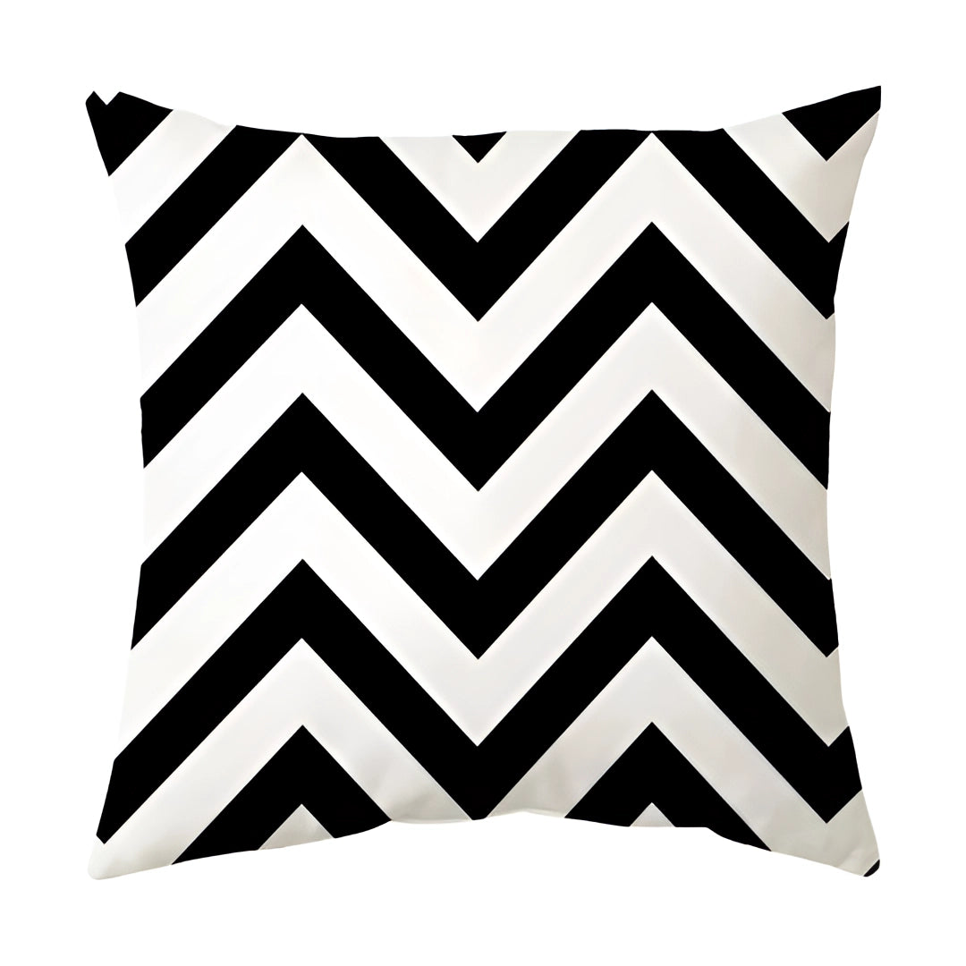 Geometric black and white throw pillow with modern abstract patterns, featuring circles and rectangles, measuring 60 x 60 cm, ideal for contemporary home decor.