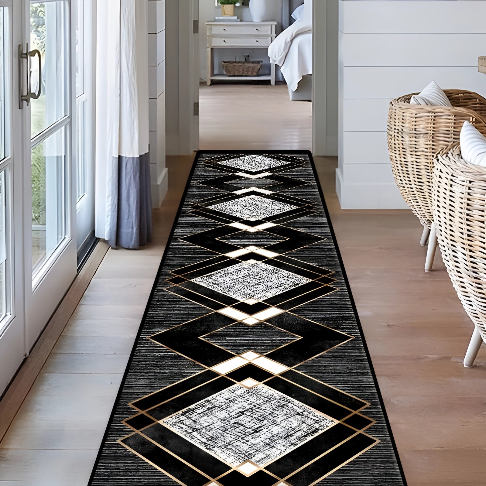 Black and white geometric hallway runner with diamond pattern on hardwood flooring in an interior setting.