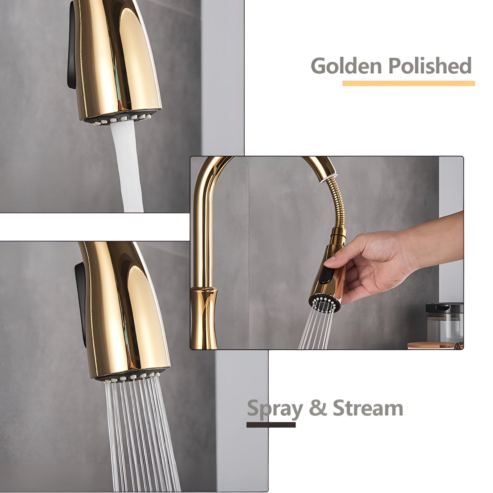 Gold brass kitchen faucet with pull-down spray and high-arc, featuring a modern design.