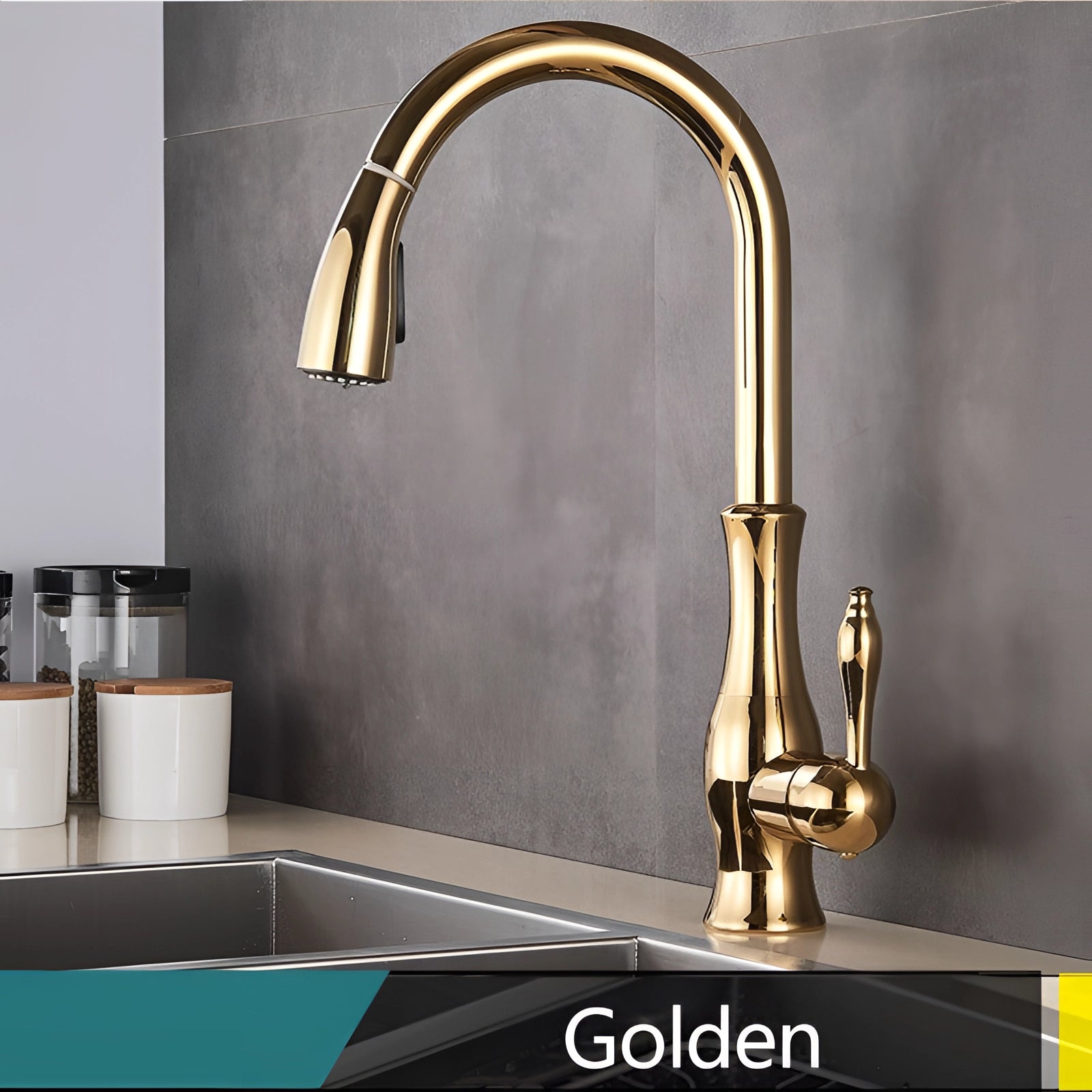 Gold brass kitchen faucet with pull-down spray and high-arc spout, featuring a modern design. The faucet is installed on a countertop, enhancing a rectangular sink area with its sleek and stylish appearance.