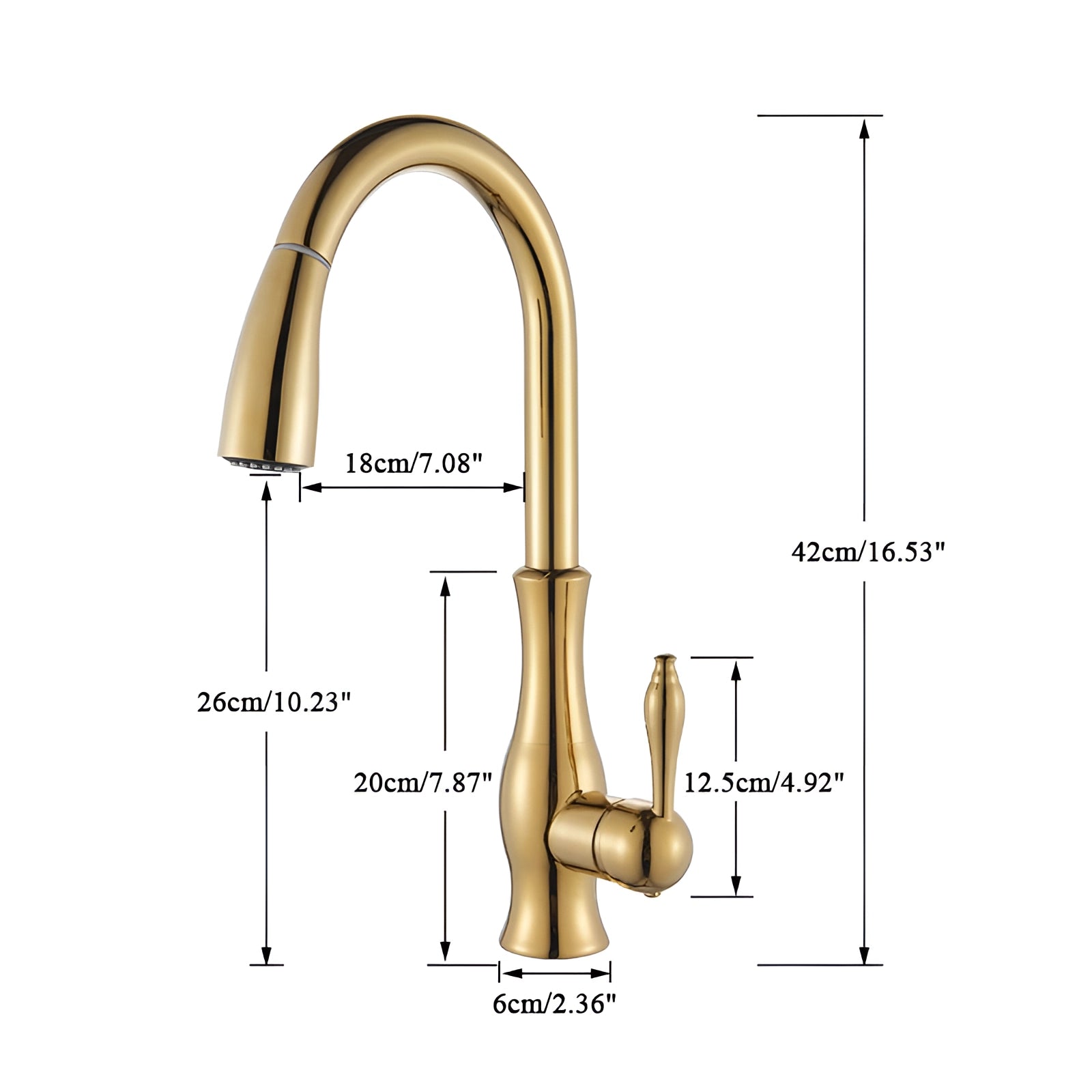 Gold brass kitchen faucet with a pull-down spray and high-arc design, featuring modern and sleek styling, suitable for contemporary kitchens.