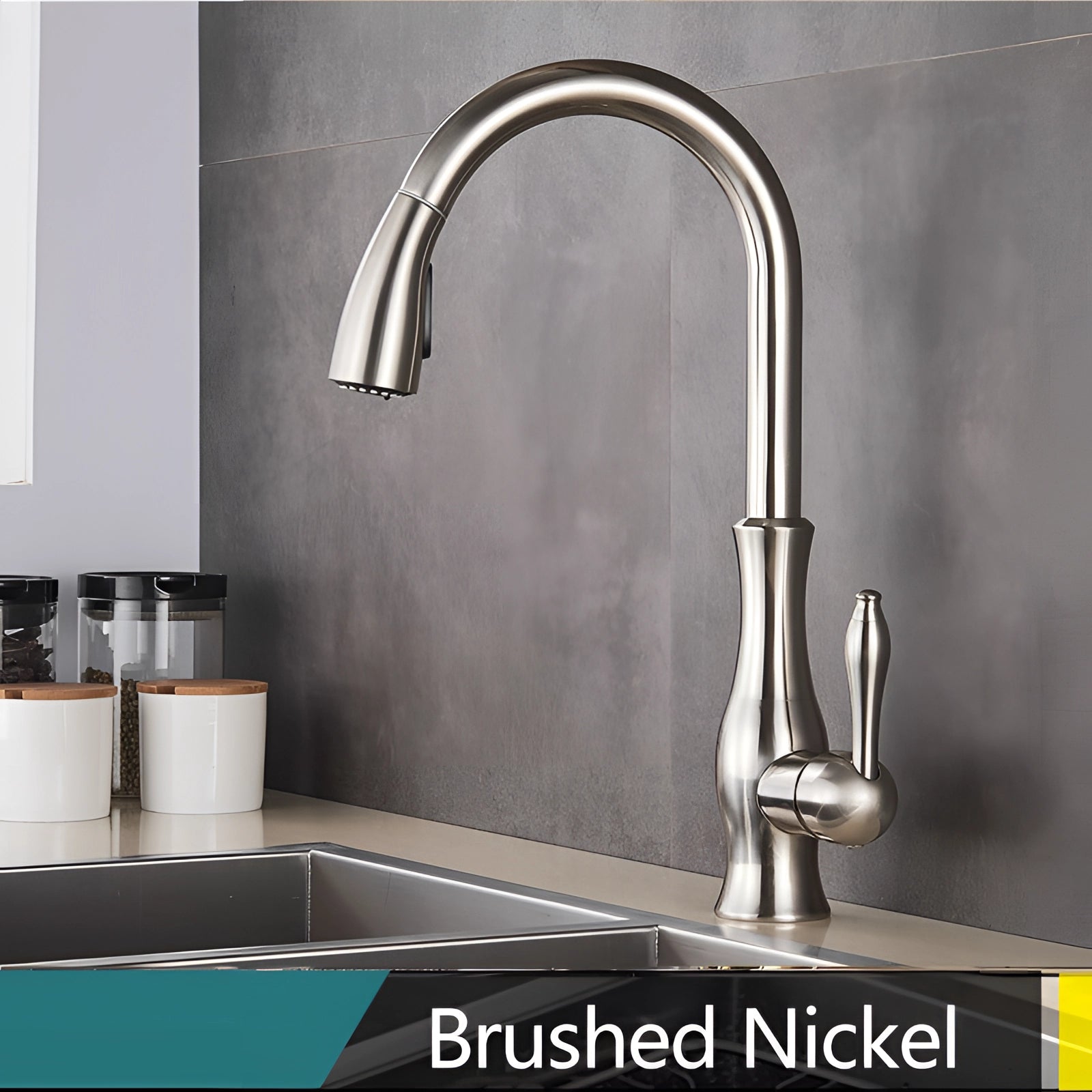 Gold brass kitchen faucet with a pull-down spray and high-arc spout, featuring a modern design and a brushed nickel finish, shown installed on a sink.