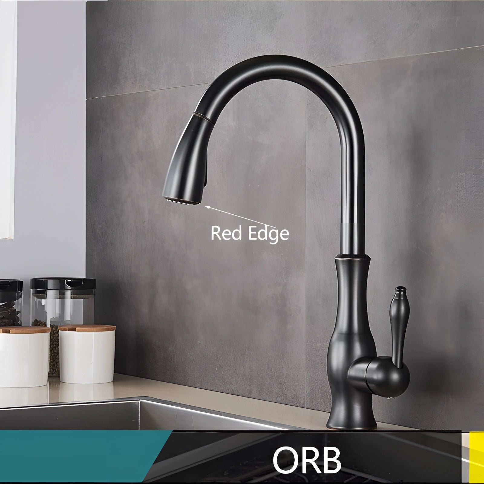 
A modern gold brass kitchen faucet with a high-arc design and a pull-down spray feature, installed at a sink.