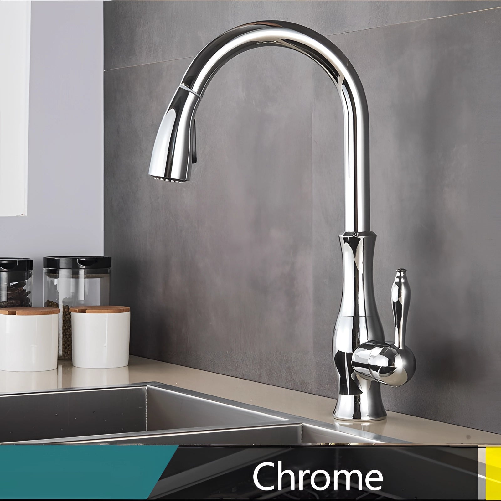 Modern chrom gold brass kitchen faucet with a high-arc design and pull-down spray feature, installed on a kitchen sink. The faucet is a sleek plumbing fixture that blends with contemporary interior design.