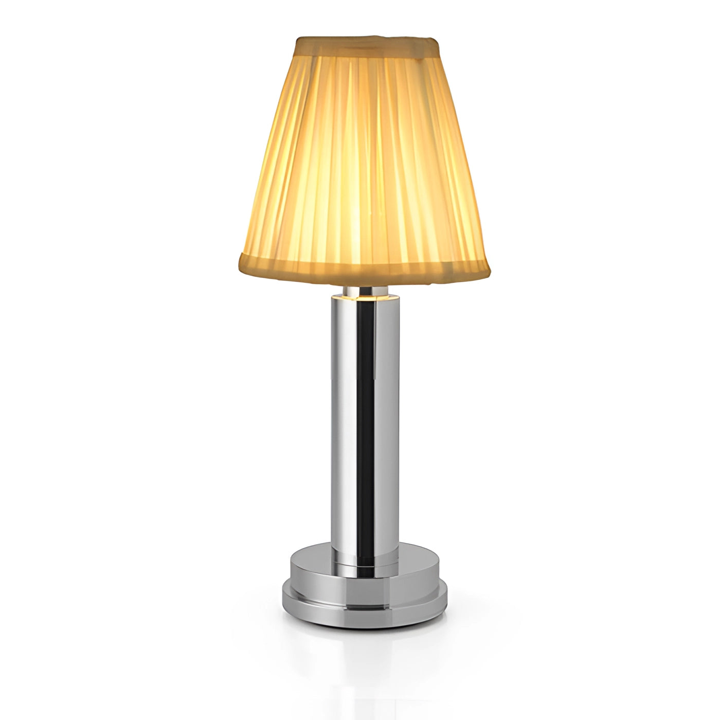 A silver and fabric luxury designer table lamp with a sleek metal base and elegant lampshade, providing sophisticated bedside lighting on a wooden table surface.