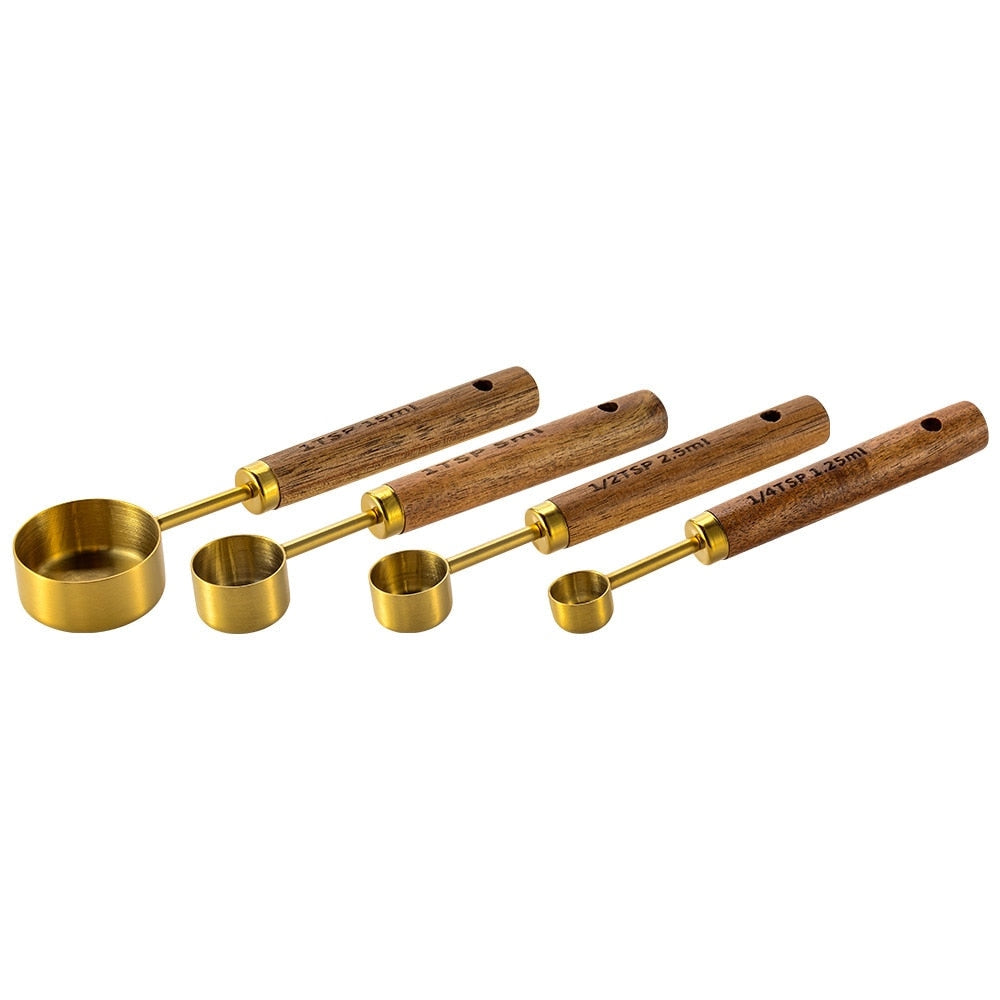 Gold Brass Measuring Cups - Luxury Wood Handle Set for Gourmet Baking