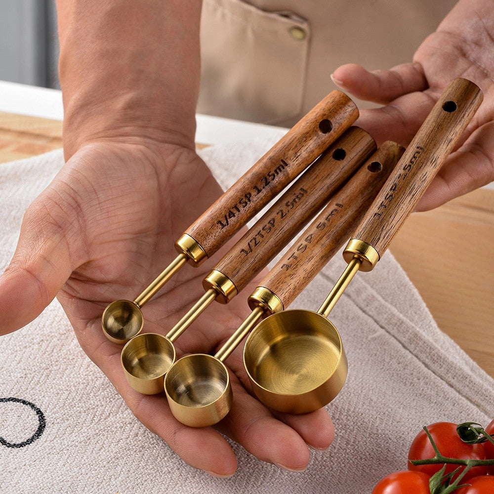 Gold Brass Measuring Cups - Luxury Wood Handle Set for Gourmet Baking