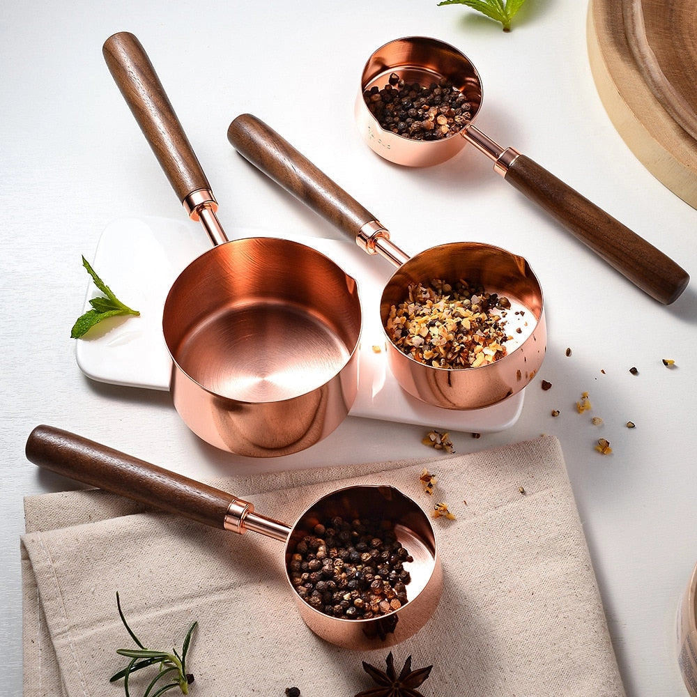 Gold Brass Measuring Cups - Luxury Wood Handle Set for Gourmet Baking