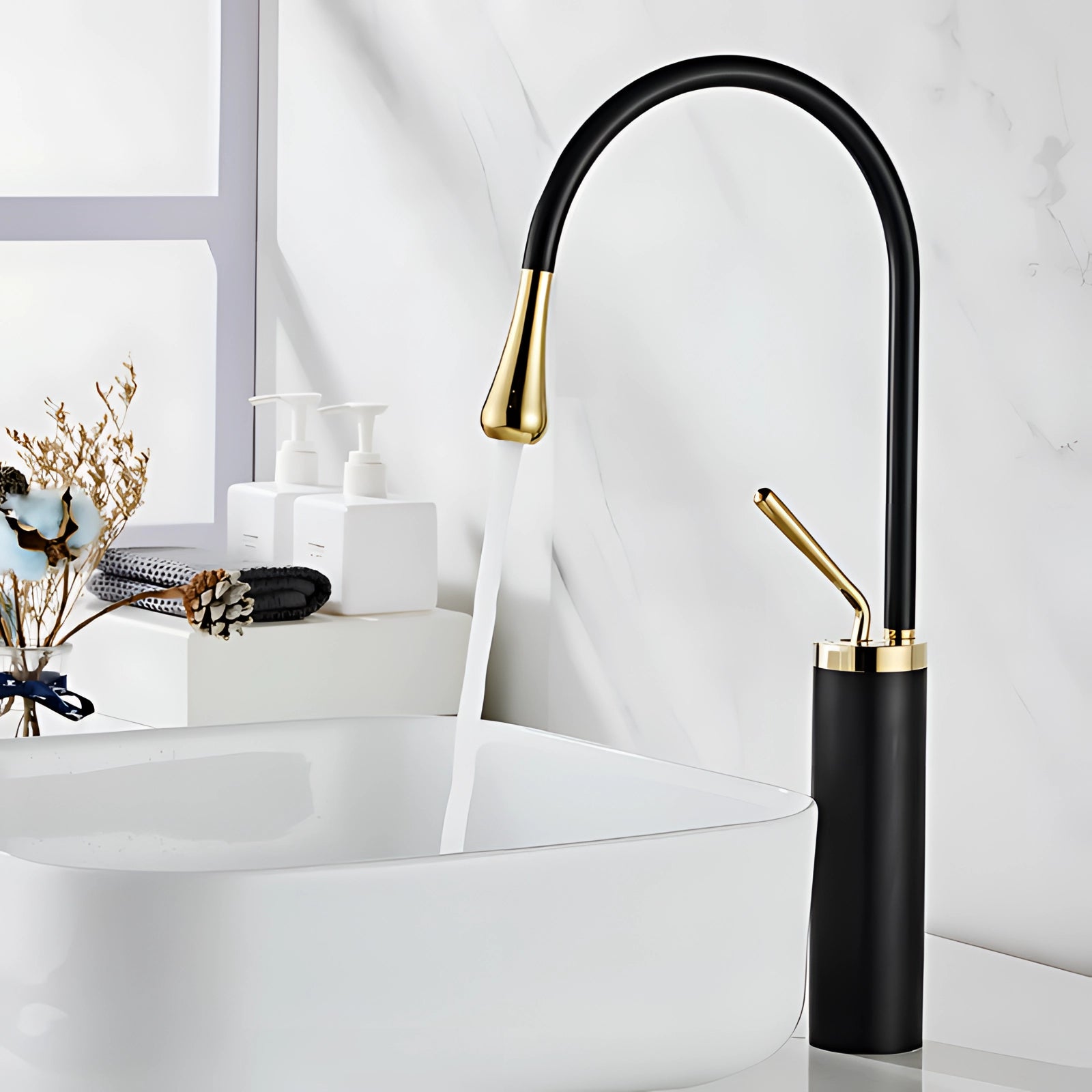 Black gold high-arc kitchen faucet with a luxurious design, featuring a sleek brass construction. The tap is set against a white background, highlighting its elegant curves and sophisticated style, suitable for contemporary interior design.