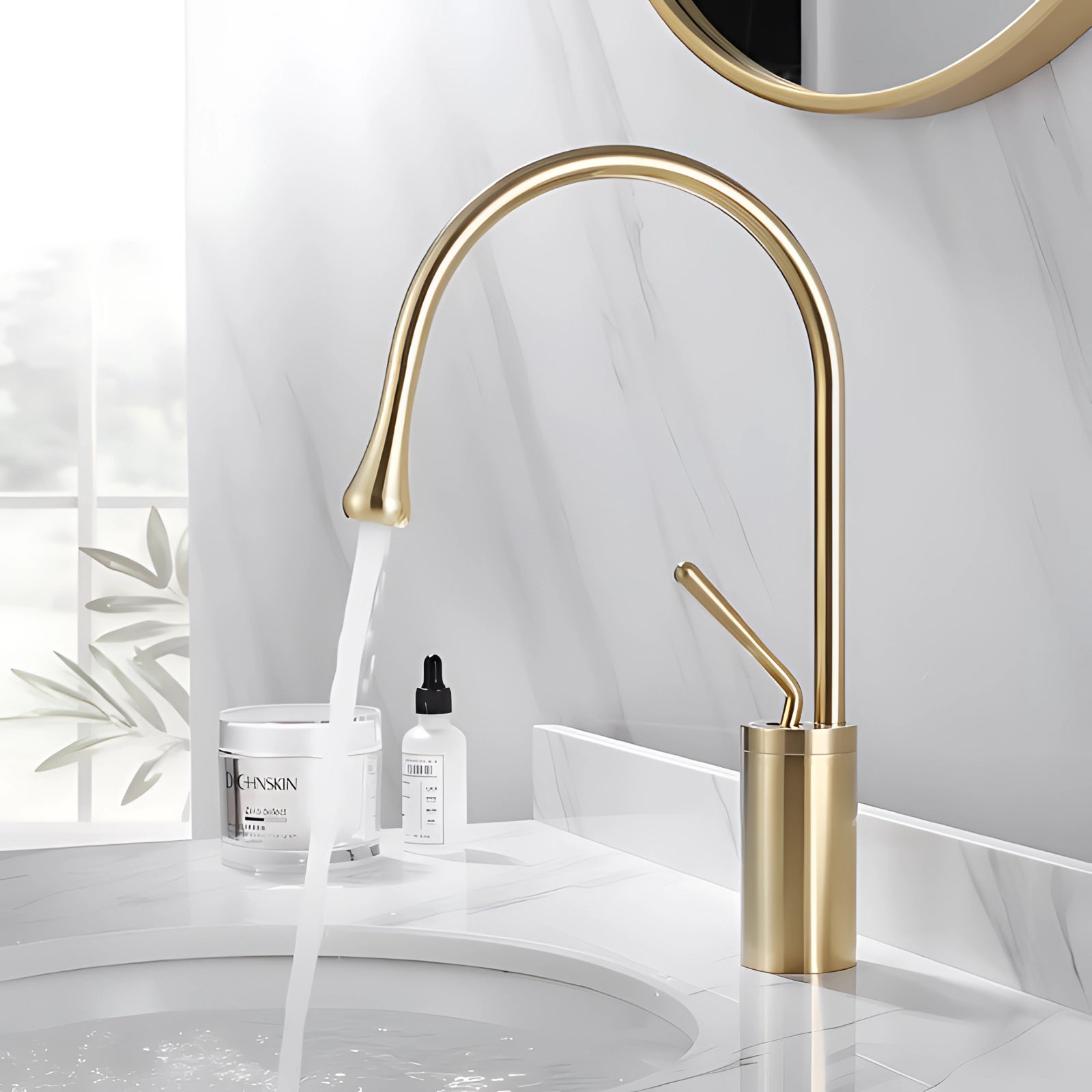 Elegant gold kitchen faucet with a high-arc spout made from brass, installed on a countertop. The faucet is designed for luxury kitchens, complementing the overall interior design with its sleek and sophisticated appearance. The image may also show part of a sink and wooden countertop, highlighting the faucet's architectural appeal.