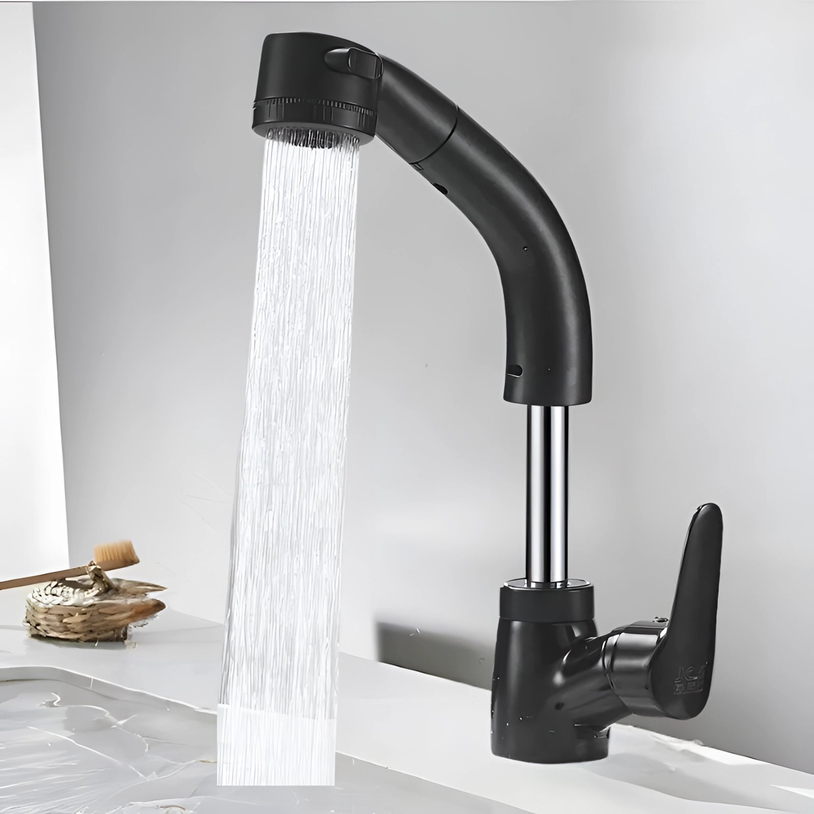 Black modern luxury design kitchen faucet with a pull-out sprayer on a wooden countertop.