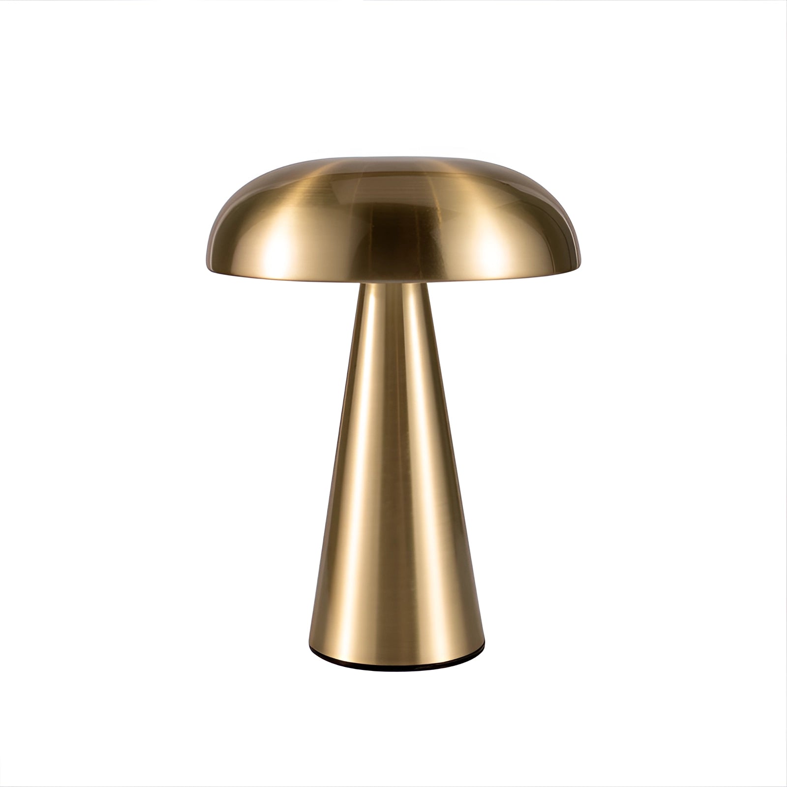 
A sleek gold mushroom-shaped table lamp with a brushed metallic finish, featuring a modern design. The lamp has a smooth, rounded lampshade and is set on a sturdy base, suitable for desk or table use in contemporary home decor.